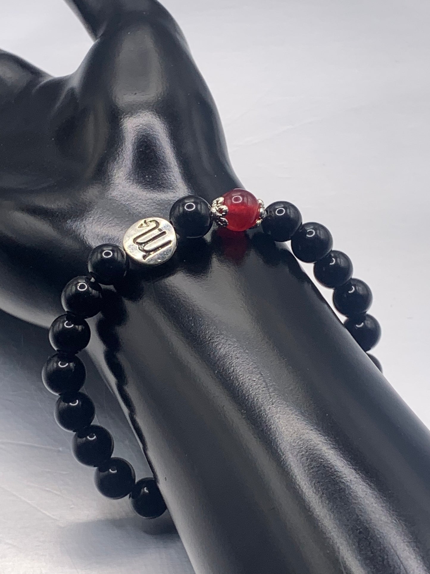 Scorpio Zodiac black obsidian with red chalcedony semi precious stone/crystal elastic beaded bracelet with silver accents