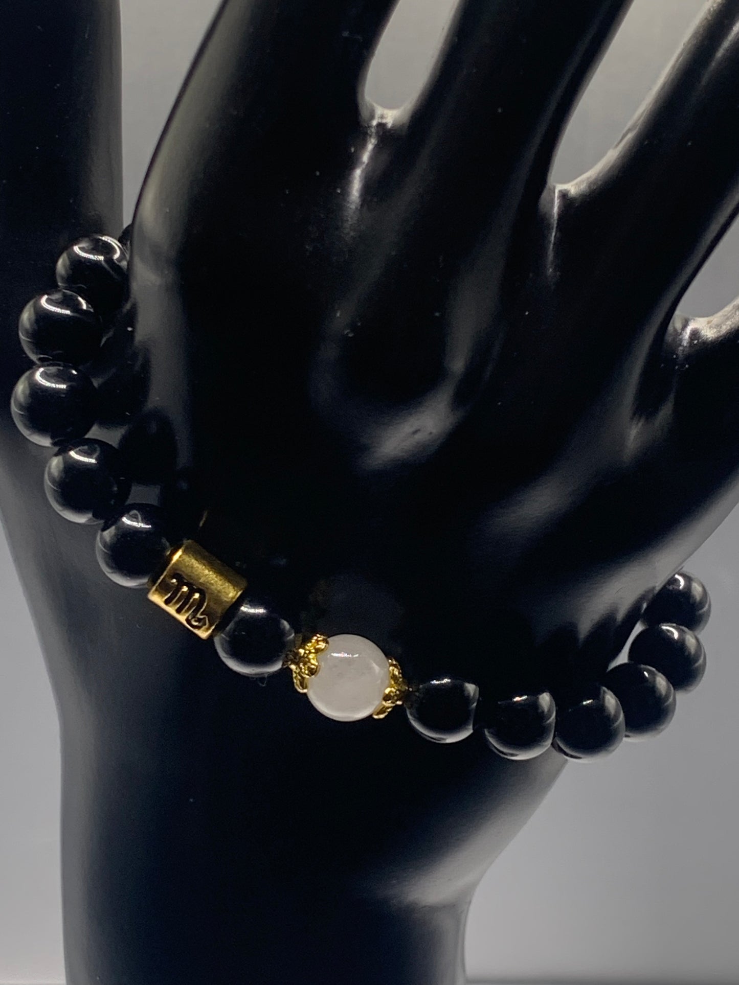 Scorpio Zodiac black obsidian with white chalcedony semi precious stone/crystal elastic beaded bracelet with gold accents