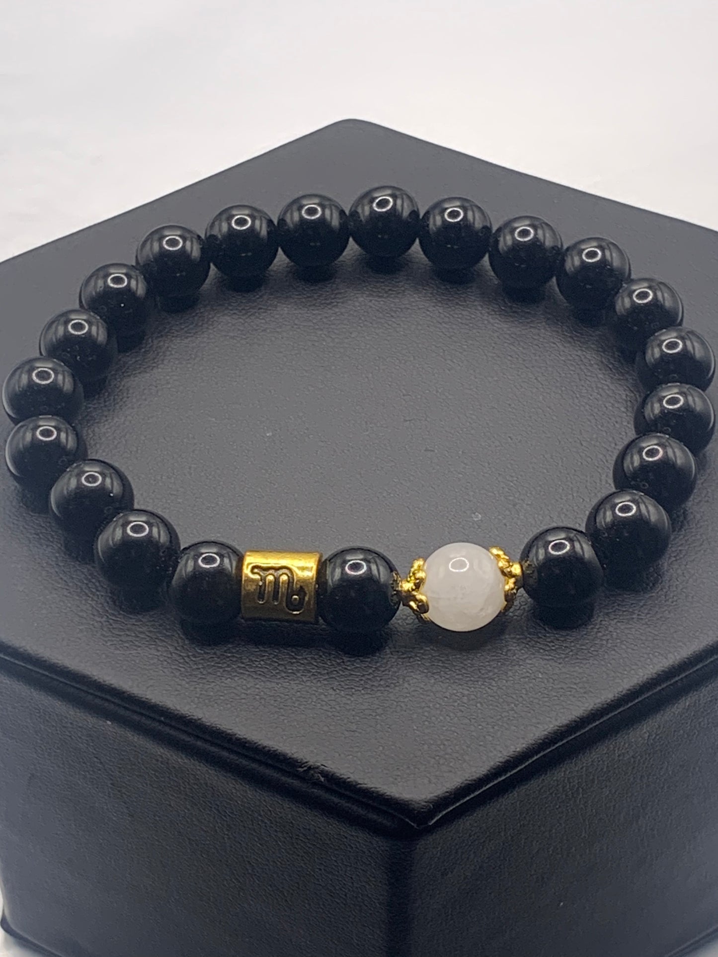 Scorpio Zodiac black obsidian with white chalcedony semi precious stone/crystal elastic beaded bracelet with gold accents