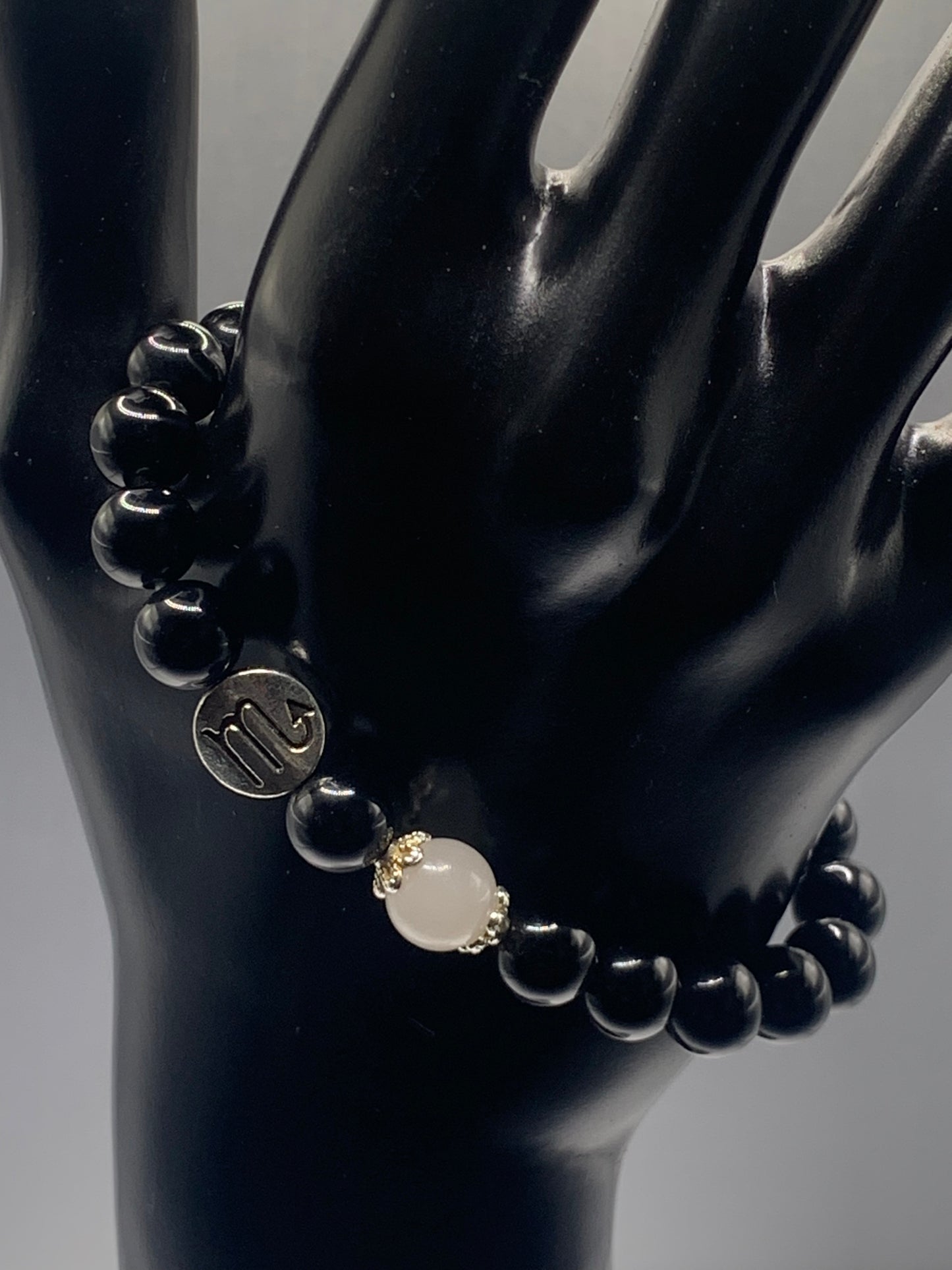 Scorpio Zodiac black obsidian with white chalcedony semi precious stone/crystal elastic beaded bracelet with silver accents