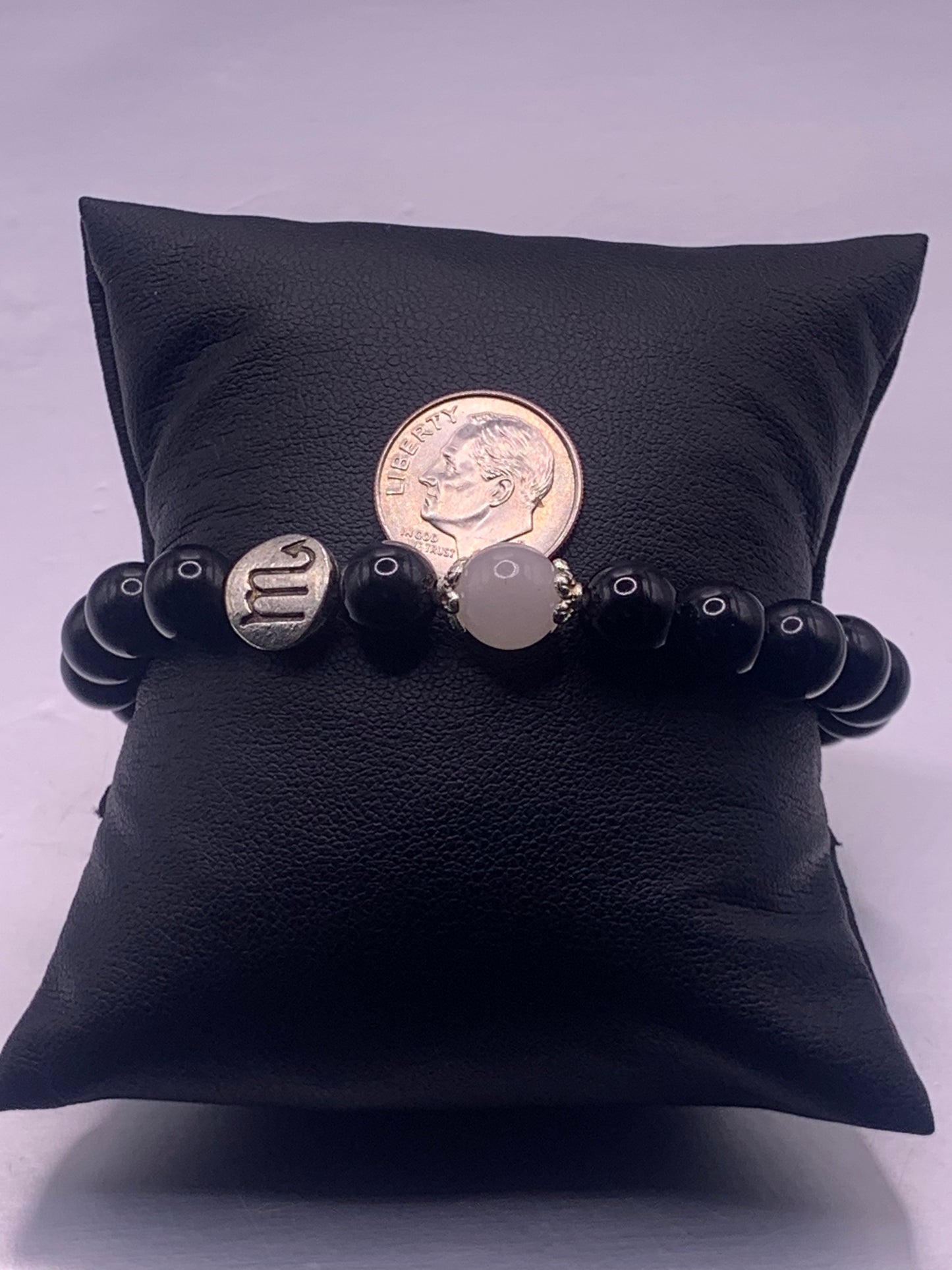 Scorpio Zodiac black obsidian with white chalcedony semi precious stone/crystal elastic beaded bracelet with silver accents