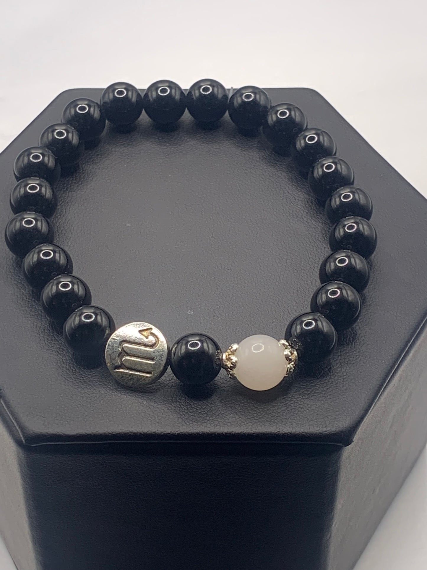 Scorpio Zodiac black obsidian with white chalcedony semi precious stone/crystal elastic beaded bracelet with silver accents