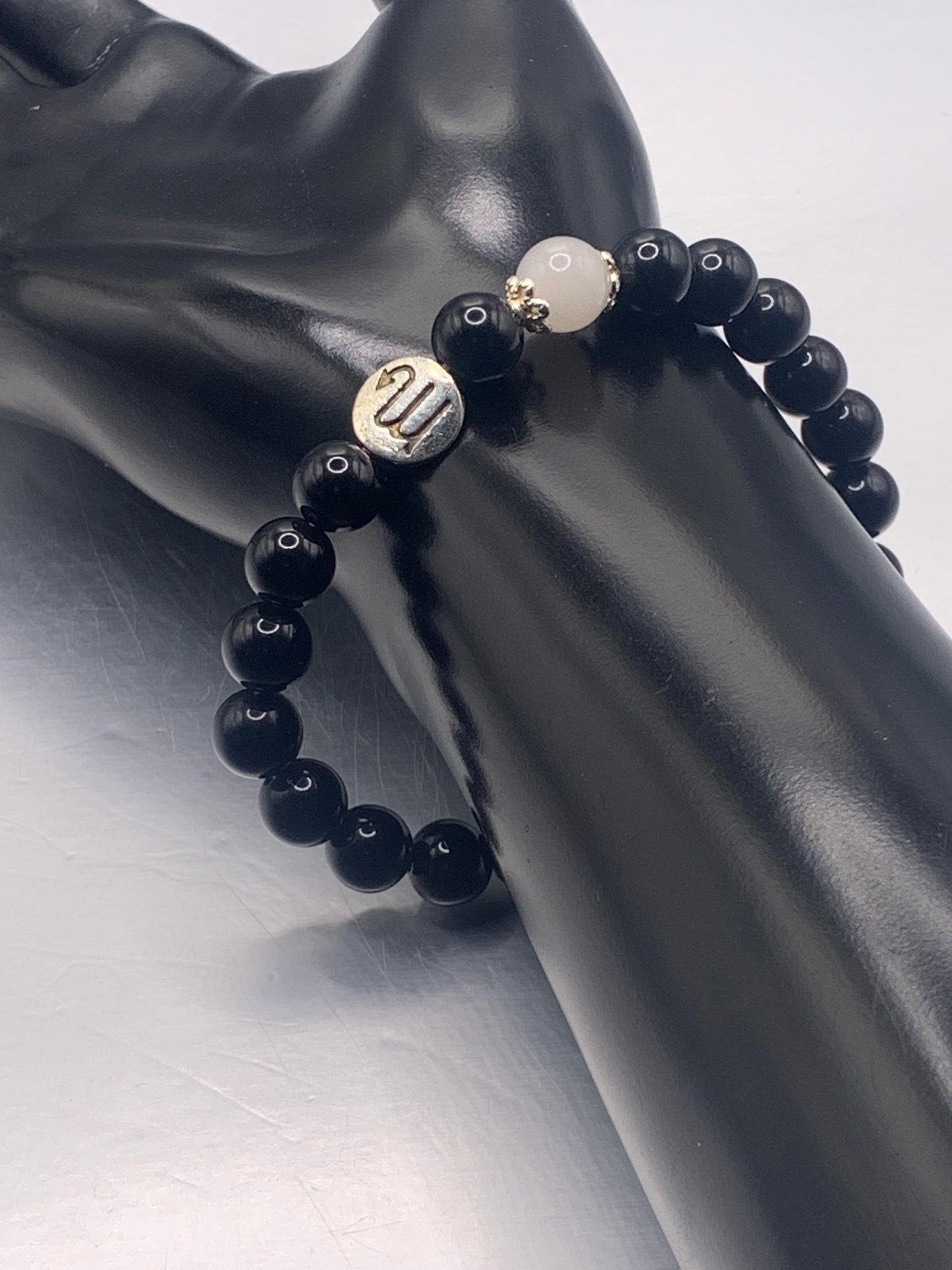 Scorpio Zodiac black obsidian with white chalcedony semi precious stone/crystal elastic beaded bracelet with silver accents
