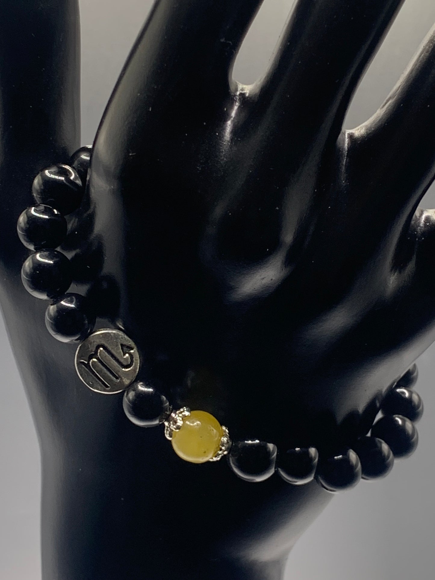 Scorpio Zodiac black obsidian with yellow agate semi precious stone/crystal elastic beaded bracelet with silver accents