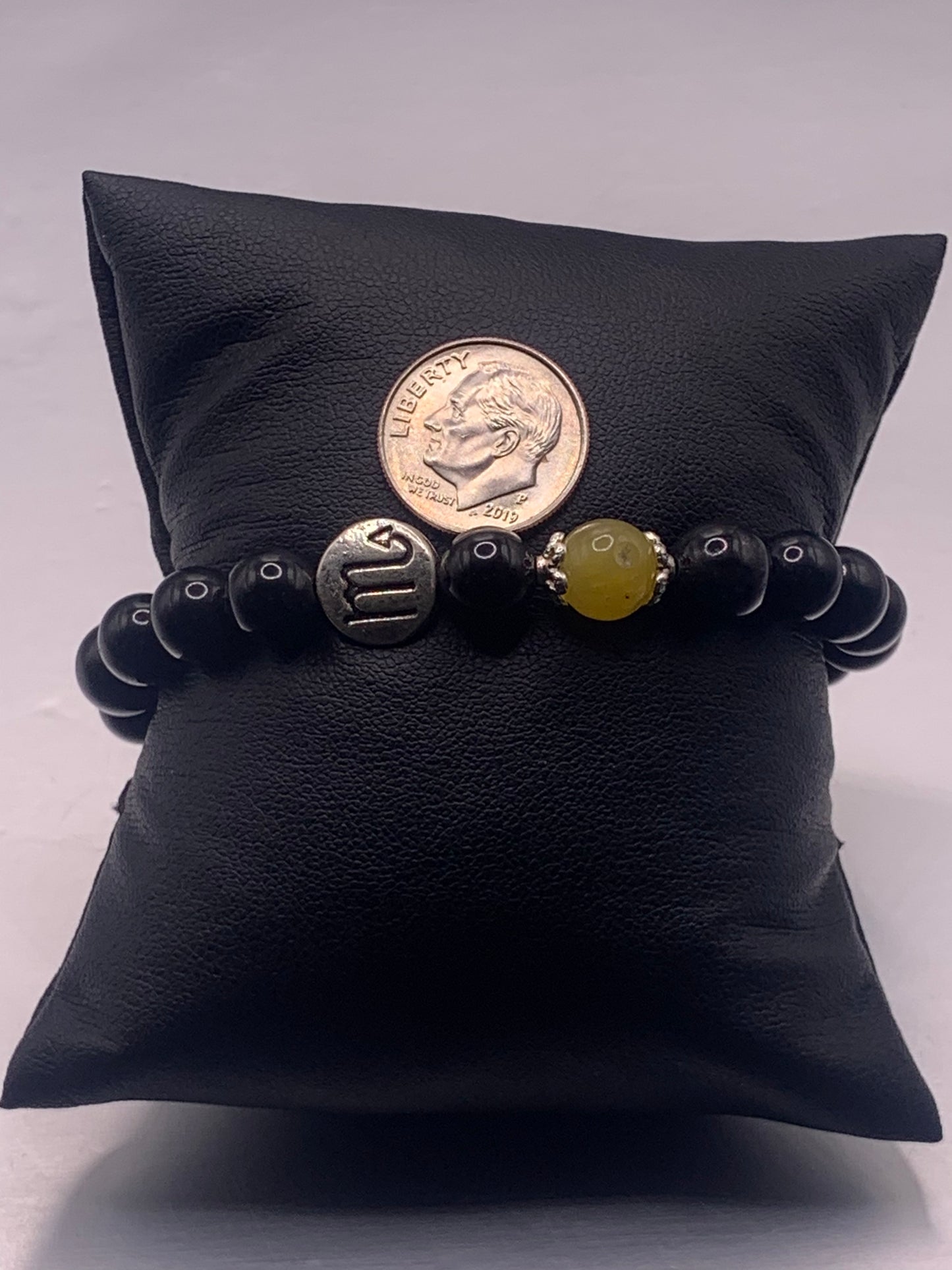 Scorpio Zodiac black obsidian with yellow agate semi precious stone/crystal elastic beaded bracelet with silver accents