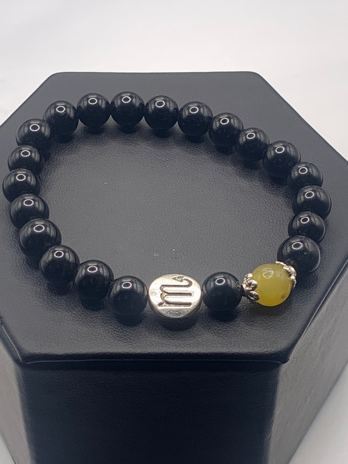 Scorpio Zodiac black obsidian with yellow agate semi precious stone/crystal elastic beaded bracelet with silver accents