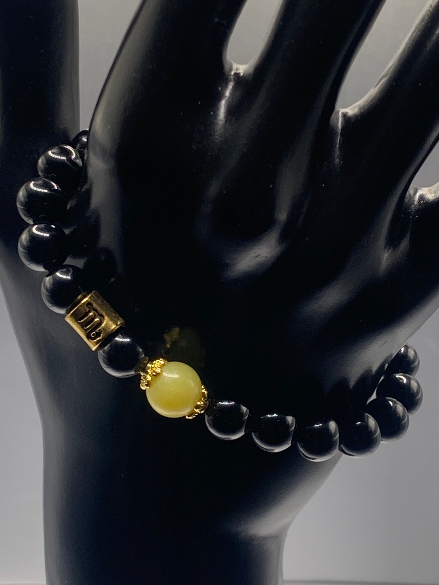 Scorpio Zodiac black obsidian with yellow jade semi precious stone/crystal elastic beaded bracelet with gold accents