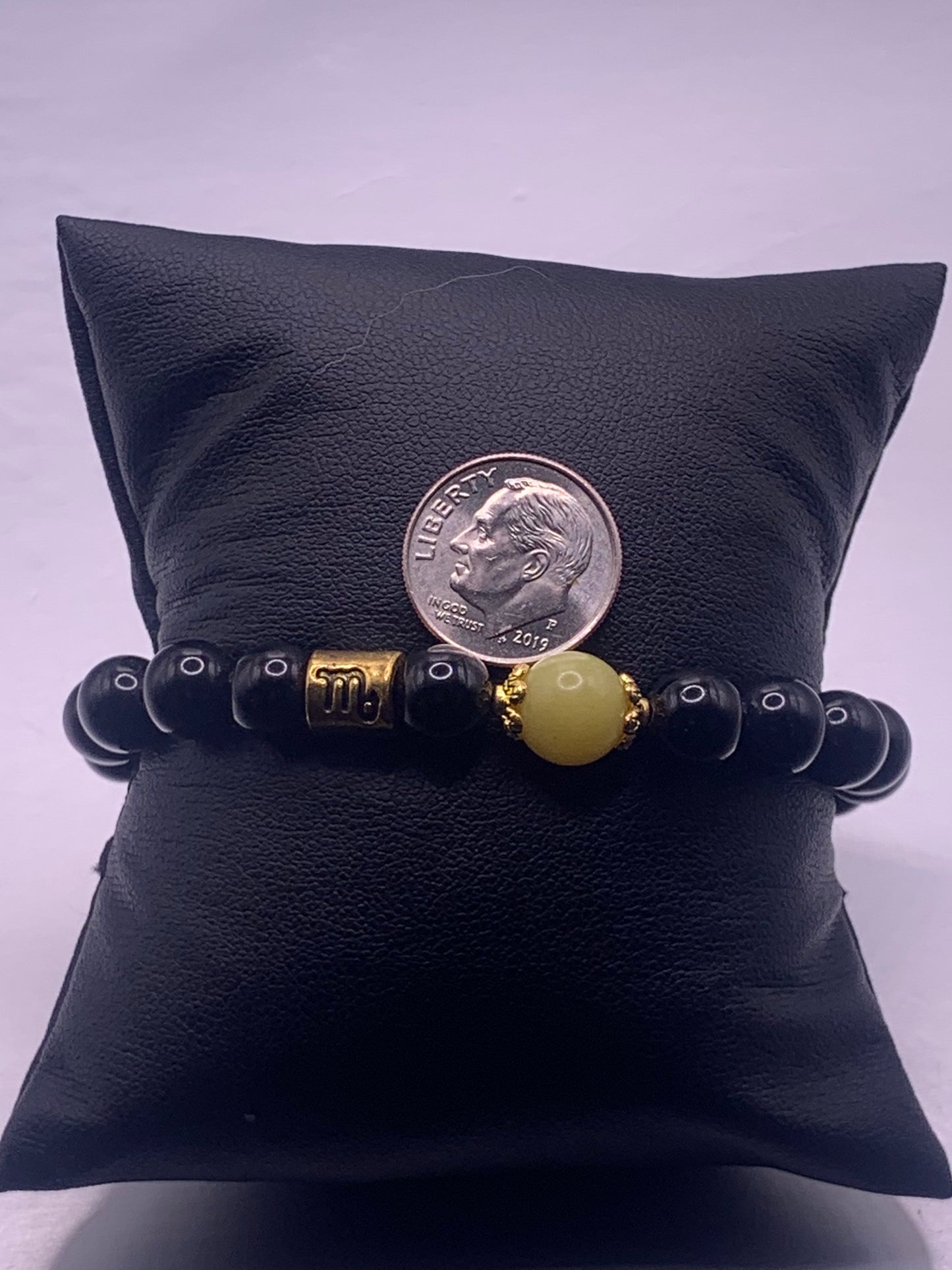 Scorpio Zodiac black obsidian with yellow jade semi precious stone/crystal elastic beaded bracelet with gold accents