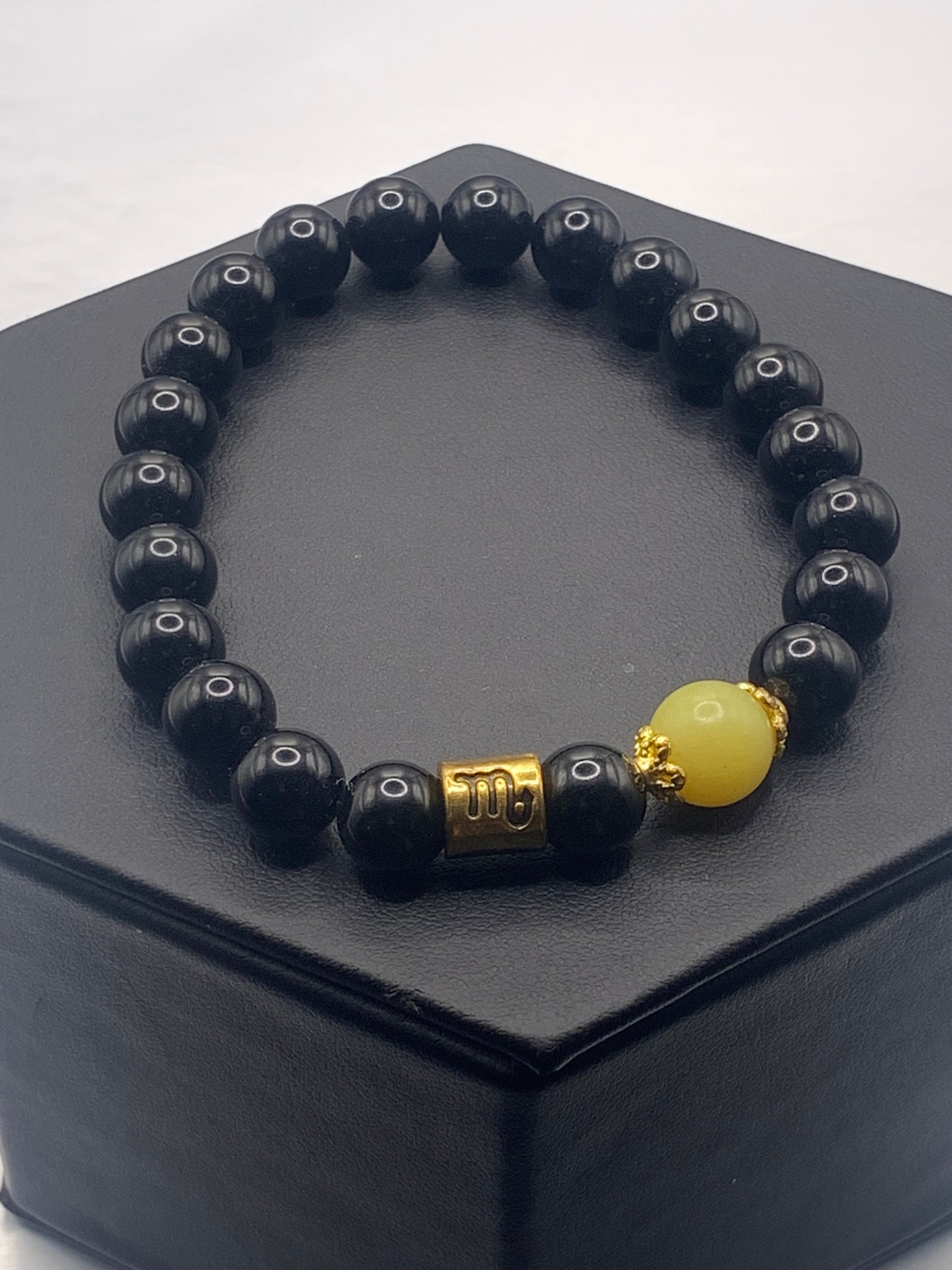 Scorpio Zodiac black obsidian with yellow jade semi precious stone/crystal elastic beaded bracelet with gold accents