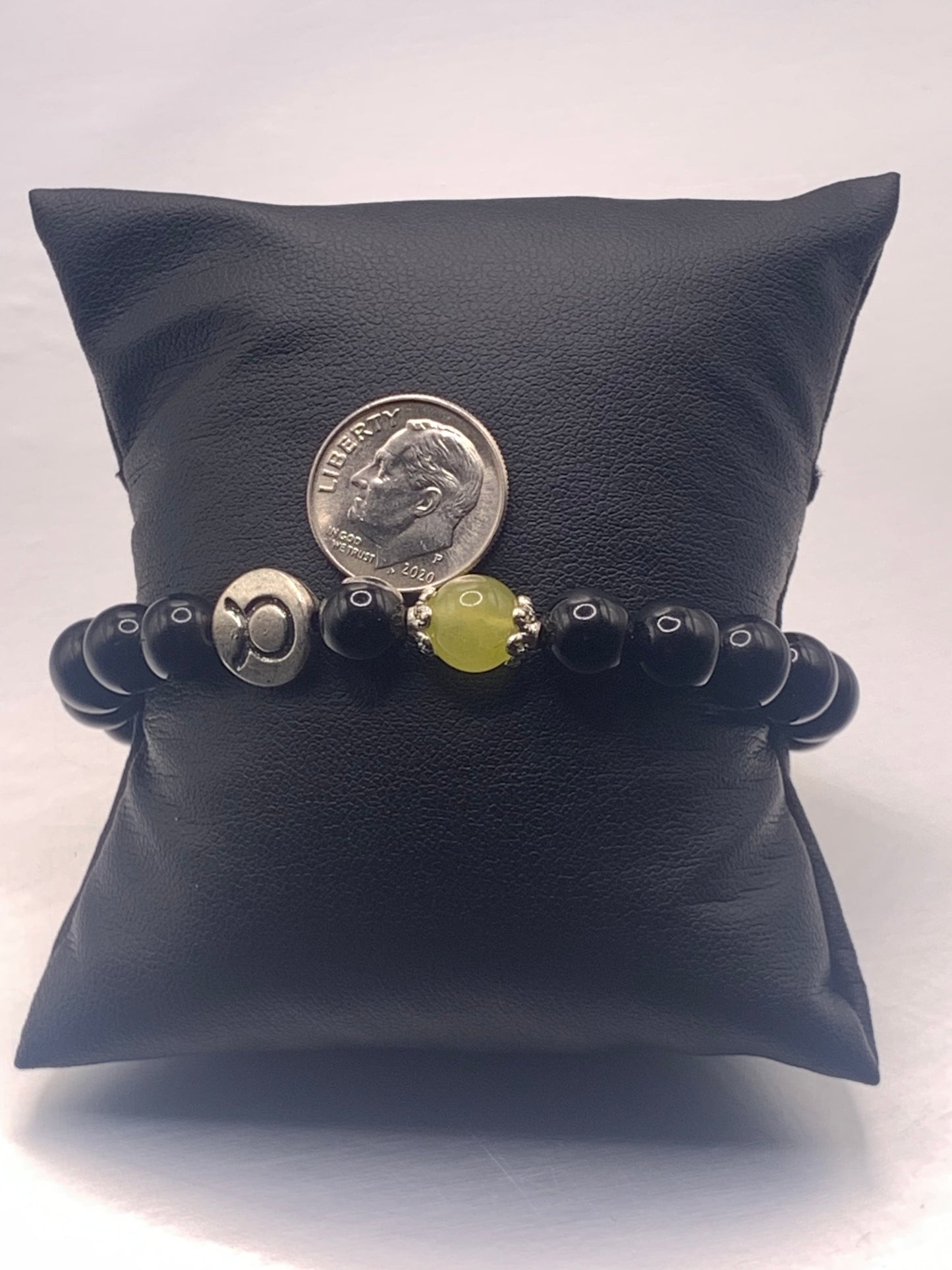 Taurus Zodiac black obsidian with apple agate semi precious stone/crystal elastic beaded bracelet with silver accents