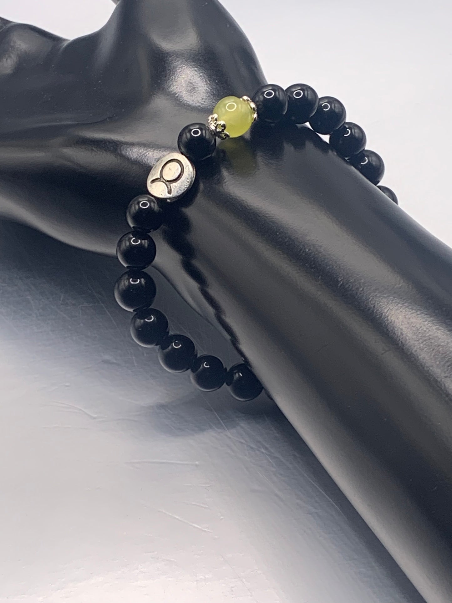 Taurus Zodiac black obsidian with apple agate semi precious stone/crystal elastic beaded bracelet with silver accents
