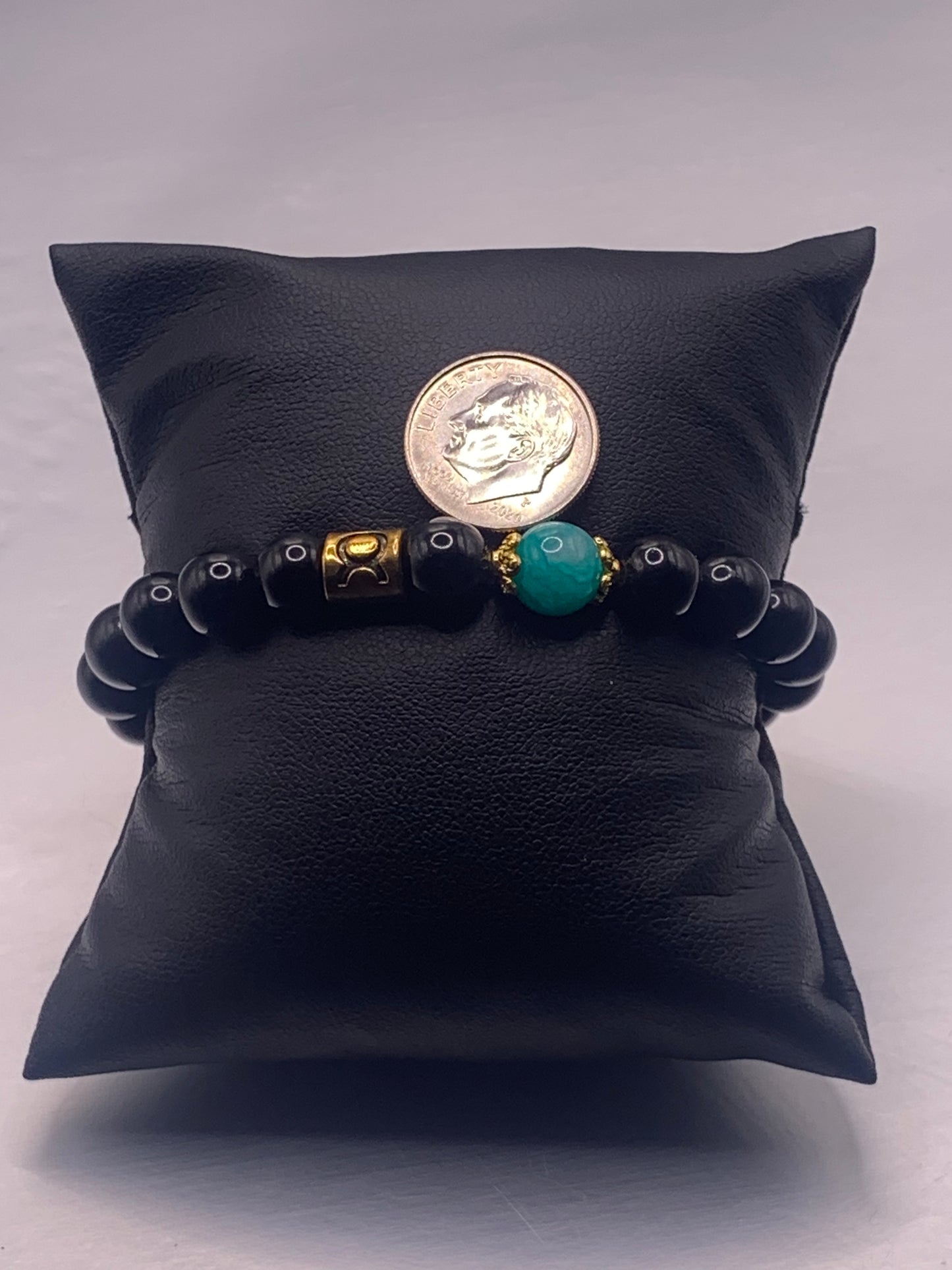 Taurus Zodiac black obsidian with aquamarine chalcedony semi precious stone/crystal elastic beaded bracelet with gold accents