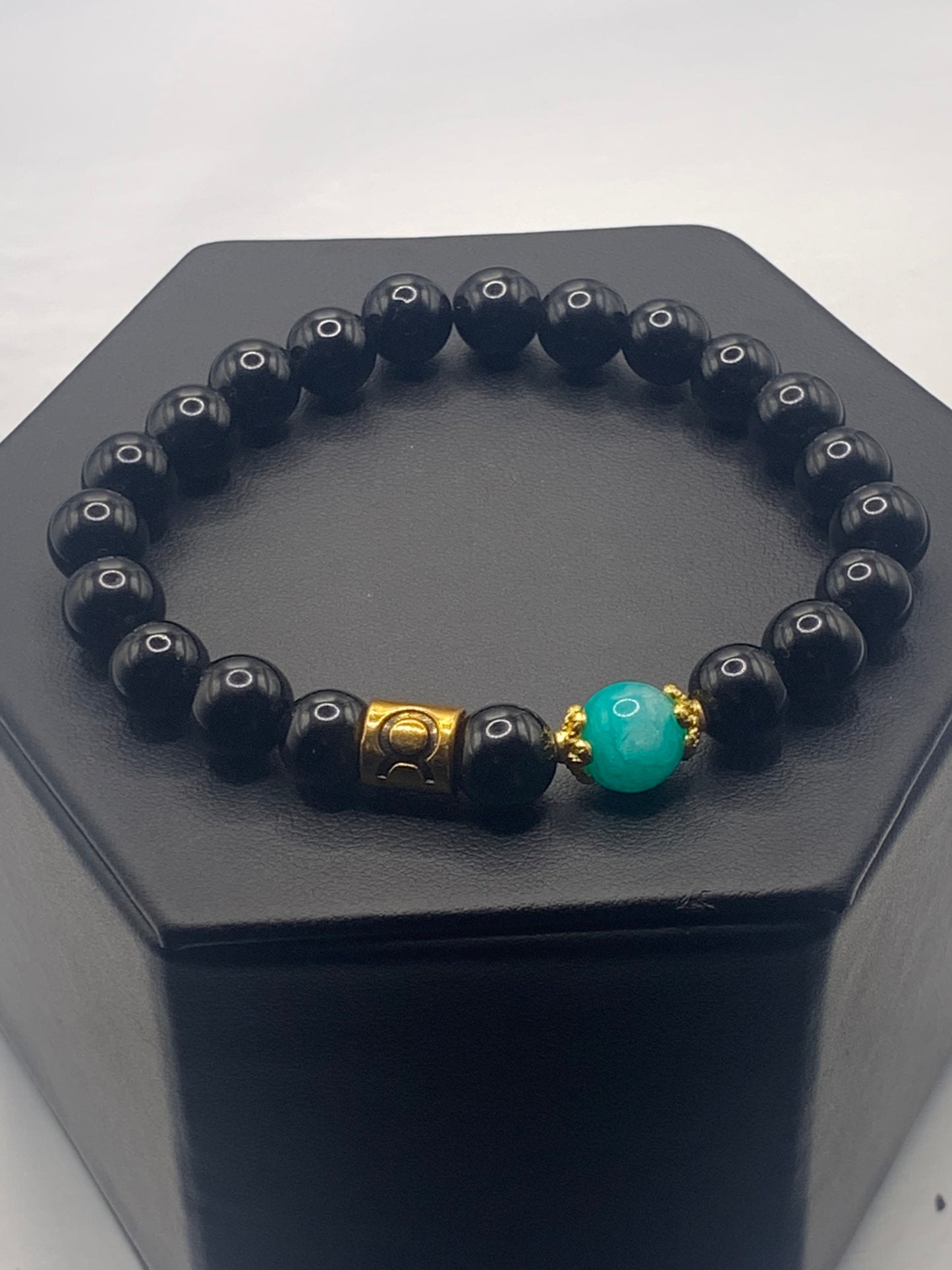Taurus Zodiac black obsidian with aquamarine chalcedony semi precious stone/crystal elastic beaded bracelet with gold accents