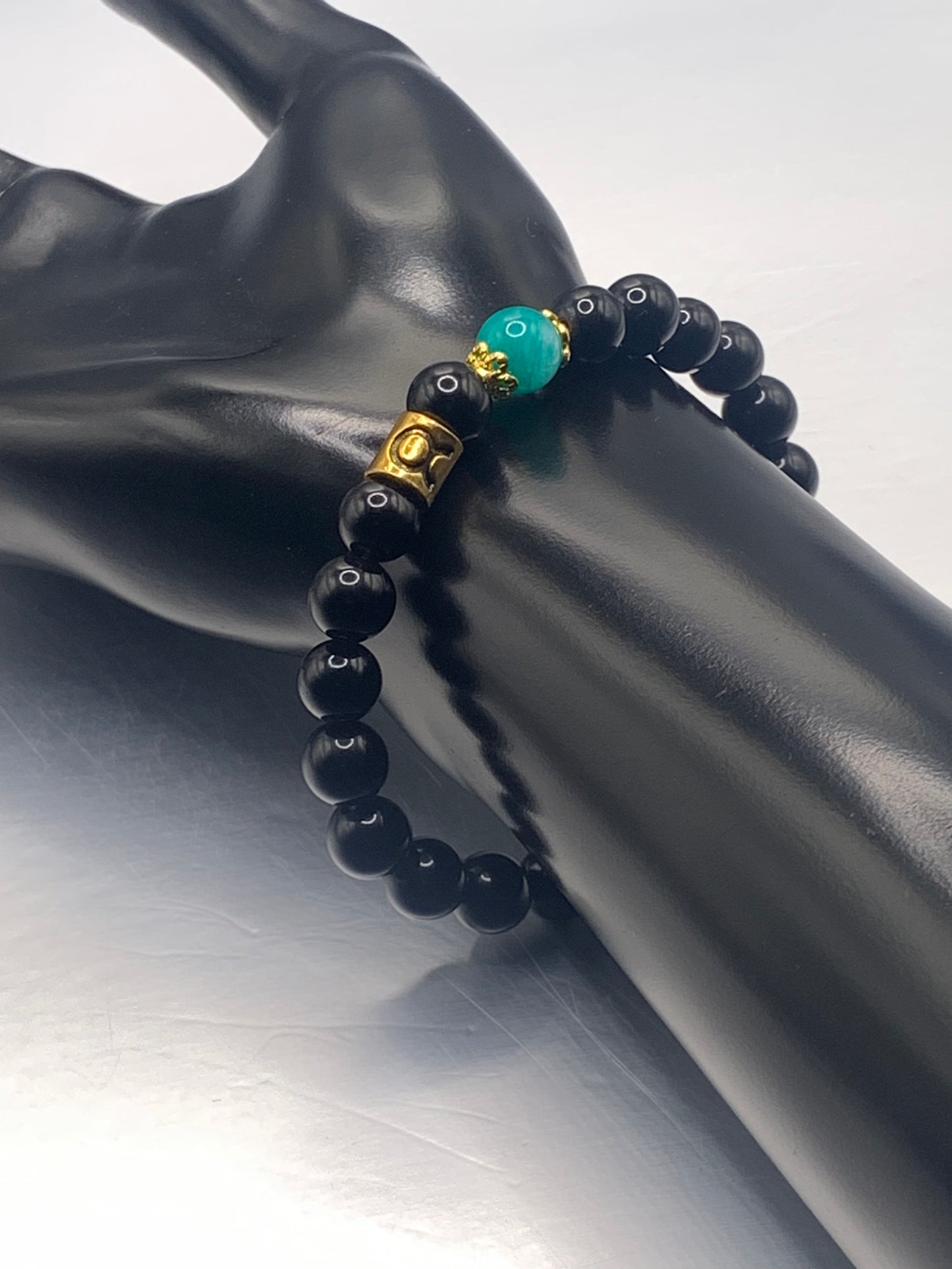 Taurus Zodiac black obsidian with aquamarine chalcedony semi precious stone/crystal elastic beaded bracelet with gold accents