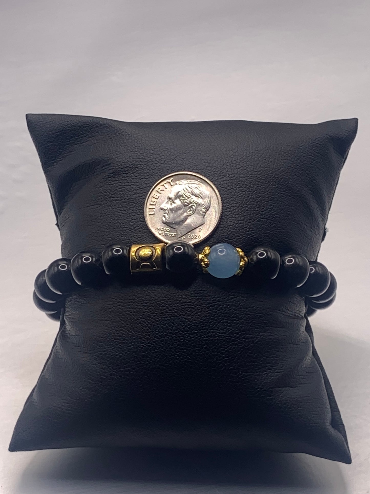 Taurus Zodiac black obsidian with blue agate semi precious stone/crystal elastic beaded bracelet with gold accents