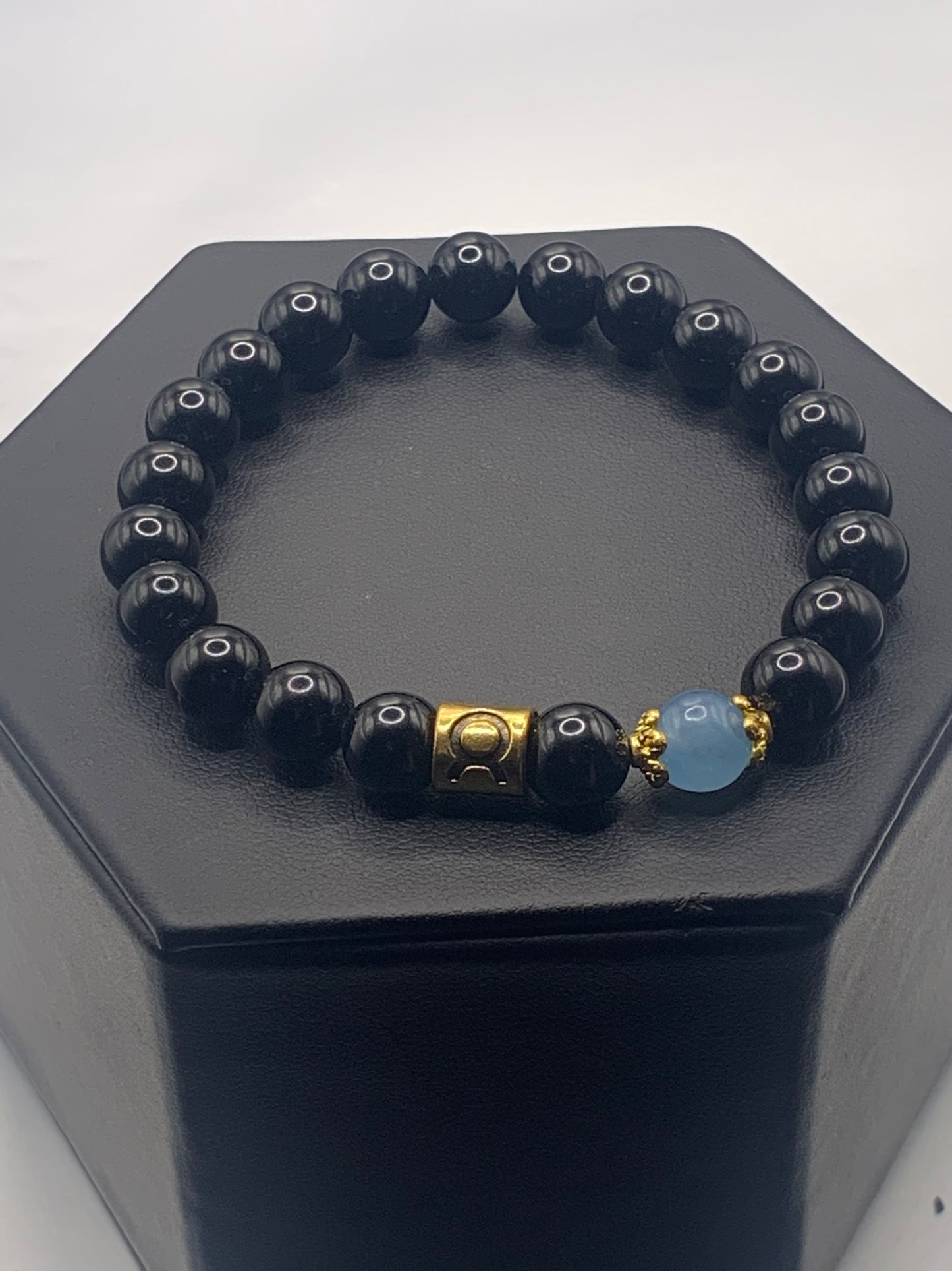 Taurus Zodiac black obsidian with blue agate semi precious stone/crystal elastic beaded bracelet with gold accents