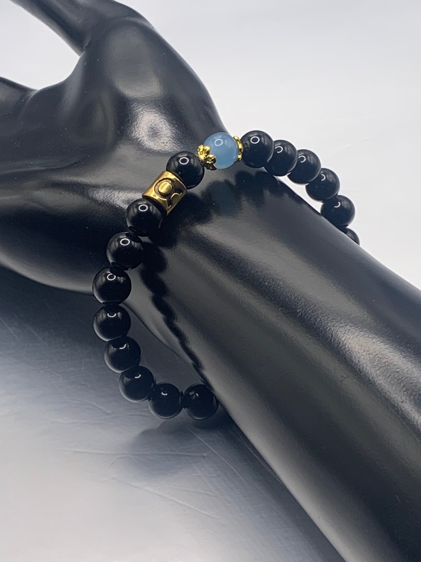 Taurus Zodiac black obsidian with blue agate semi precious stone/crystal elastic beaded bracelet with gold accents