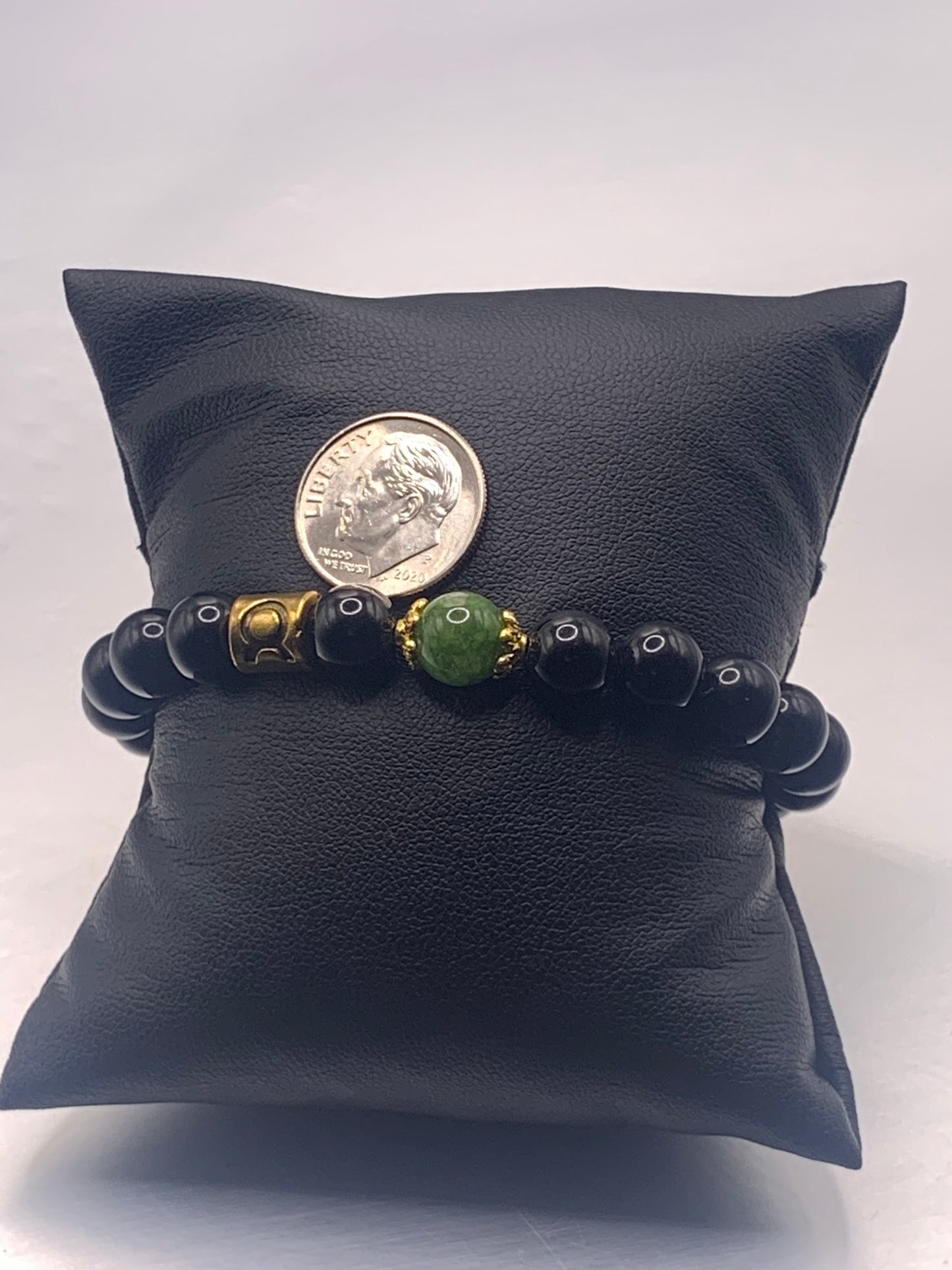 Taurus Zodiac black obsidian with green tourmaline semi precious stone/crystal elastic beaded bracelet with gold accents