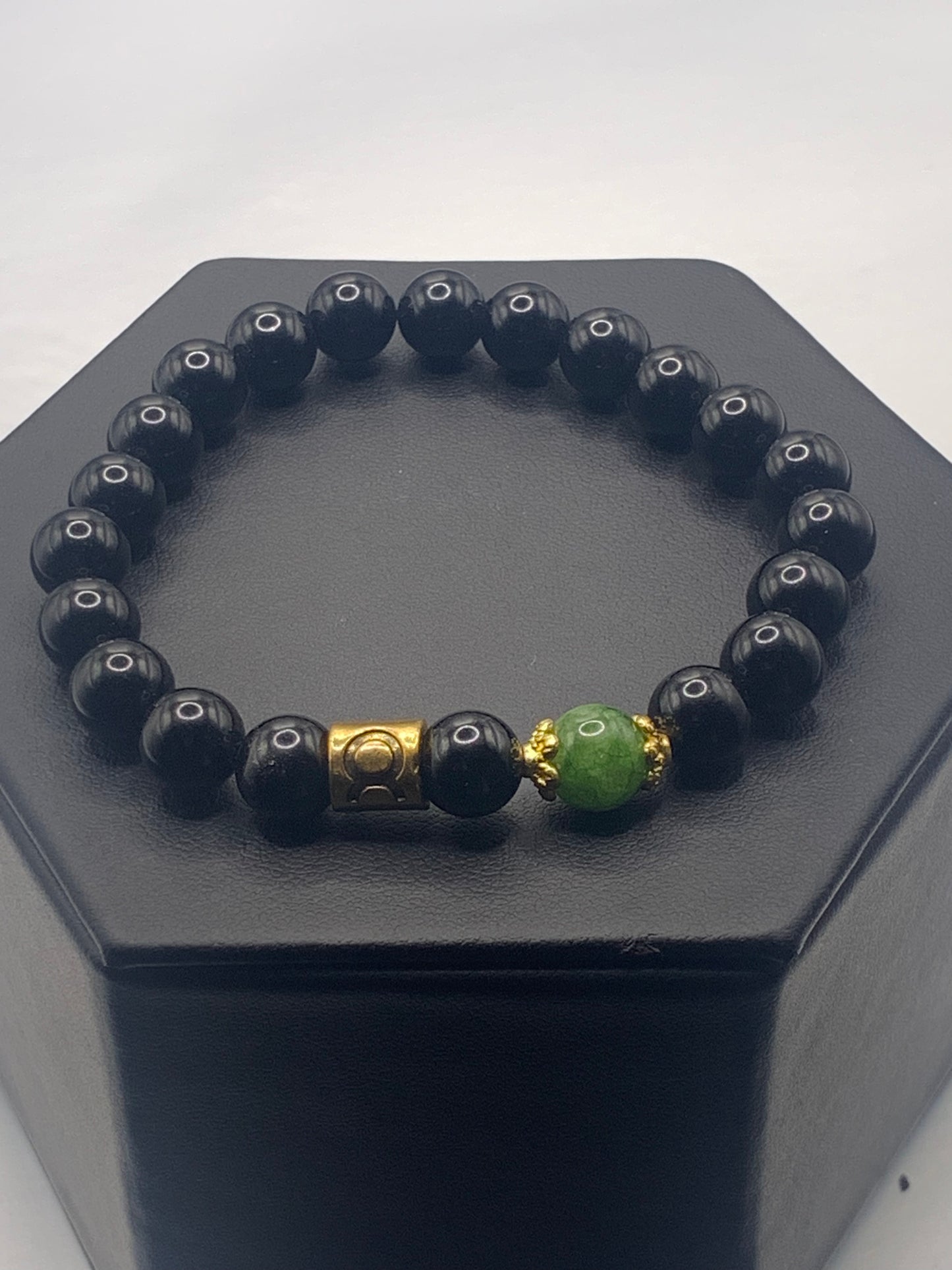 Taurus Zodiac black obsidian with green tourmaline semi precious stone/crystal elastic beaded bracelet with gold accents