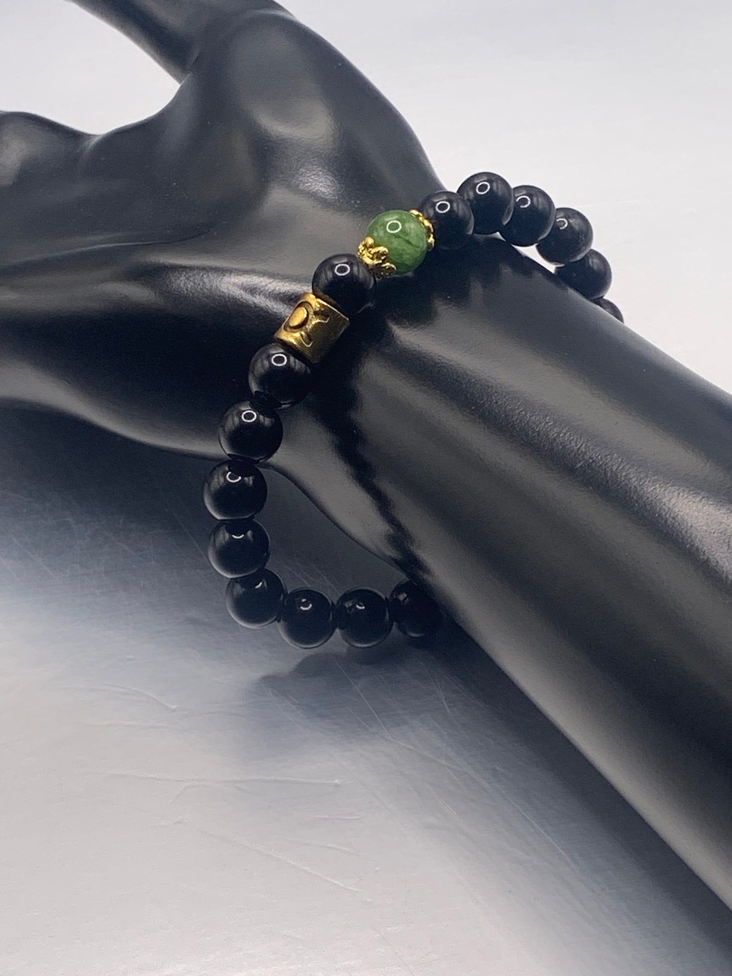 Taurus Zodiac black obsidian with green tourmaline semi precious stone/crystal elastic beaded bracelet with gold accents