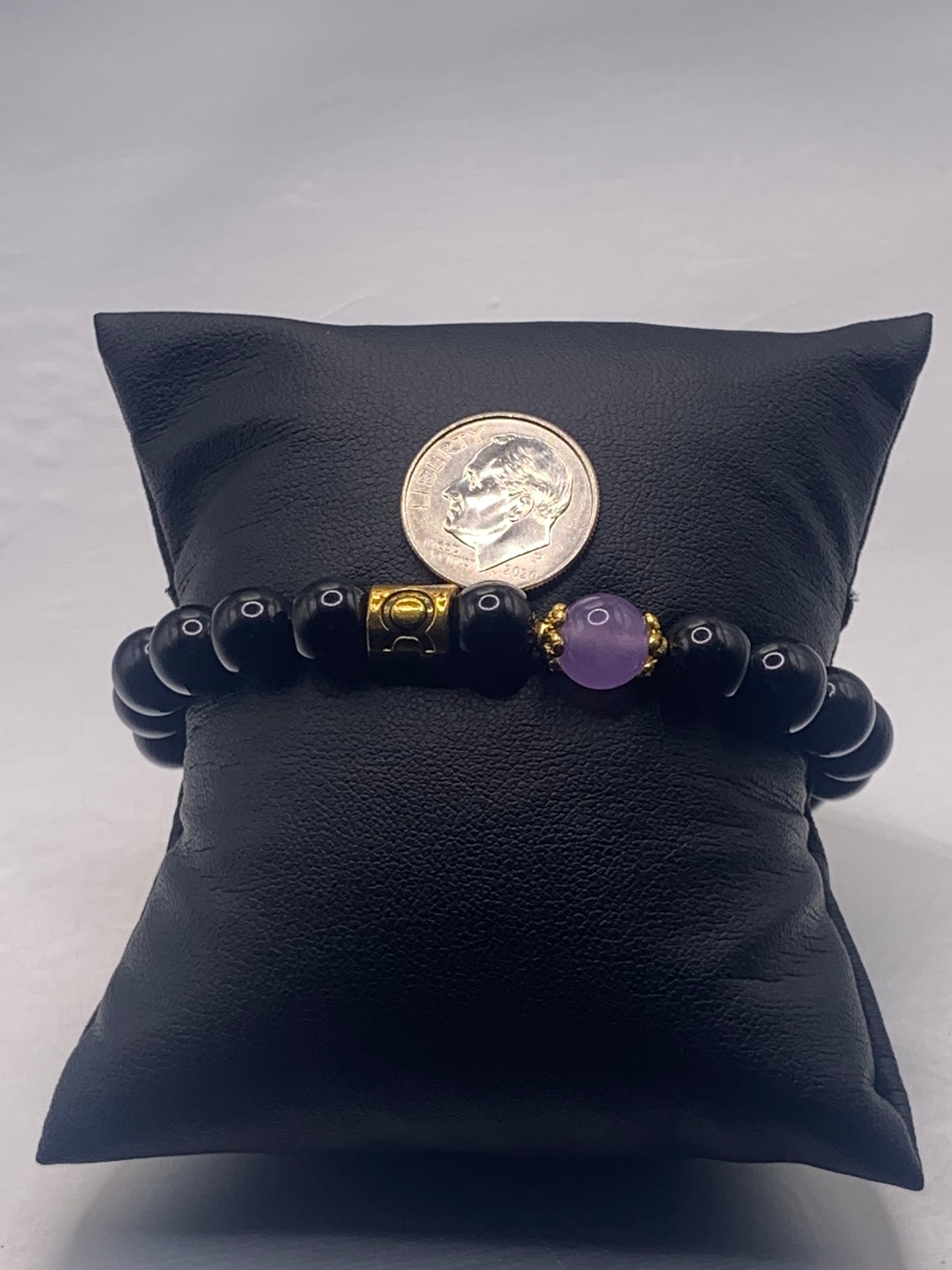 Taurus Zodiac black obsidian with lavender agate semi precious stone/crystal elastic beaded bracelet with gold accents