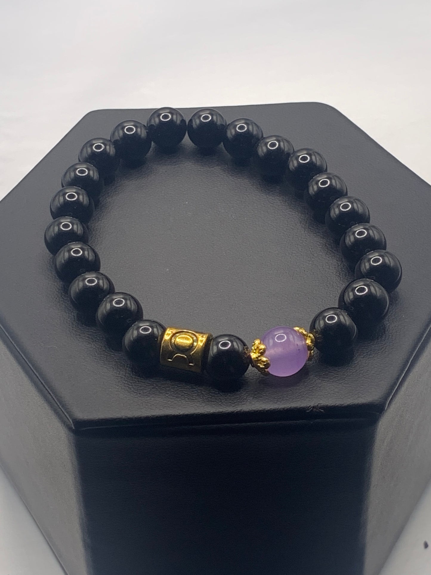 Taurus Zodiac black obsidian with lavender agate semi precious stone/crystal elastic beaded bracelet with gold accents