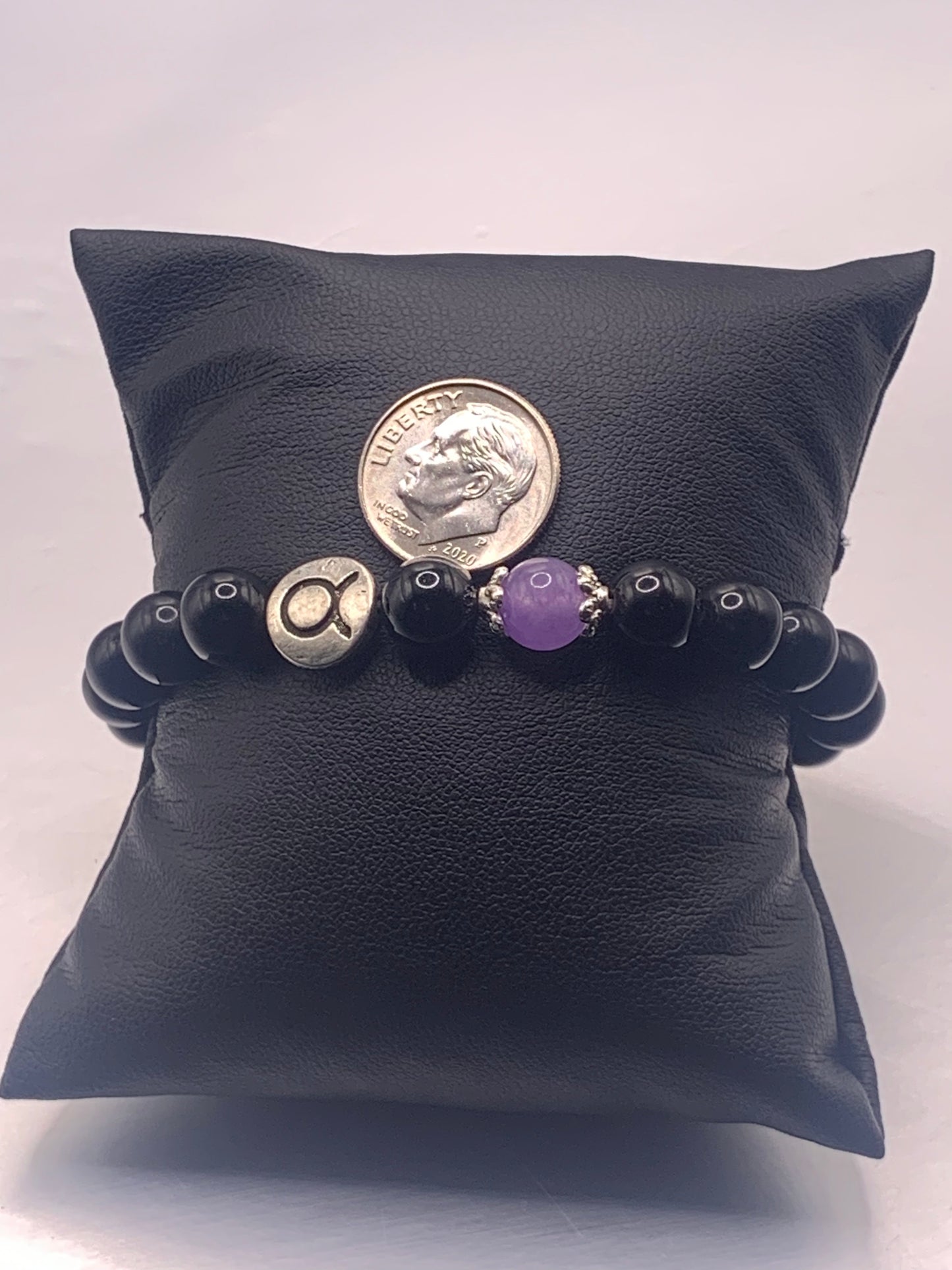 Taurus Zodiac black obsidian with lavender agate semi precious stone/crystal elastic beaded bracelet with silver accents