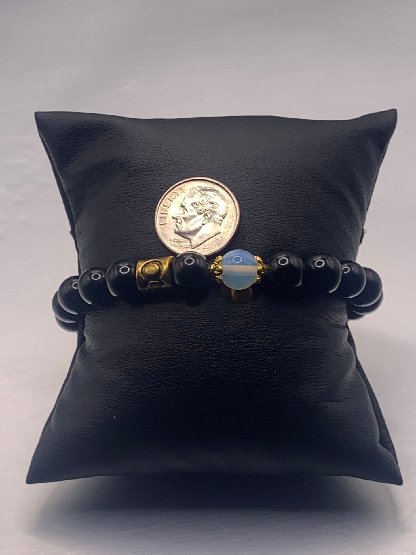 Taurus Zodiac black obsidian with opalite semi precious stone/crystal elastic beaded bracelet with gold accents