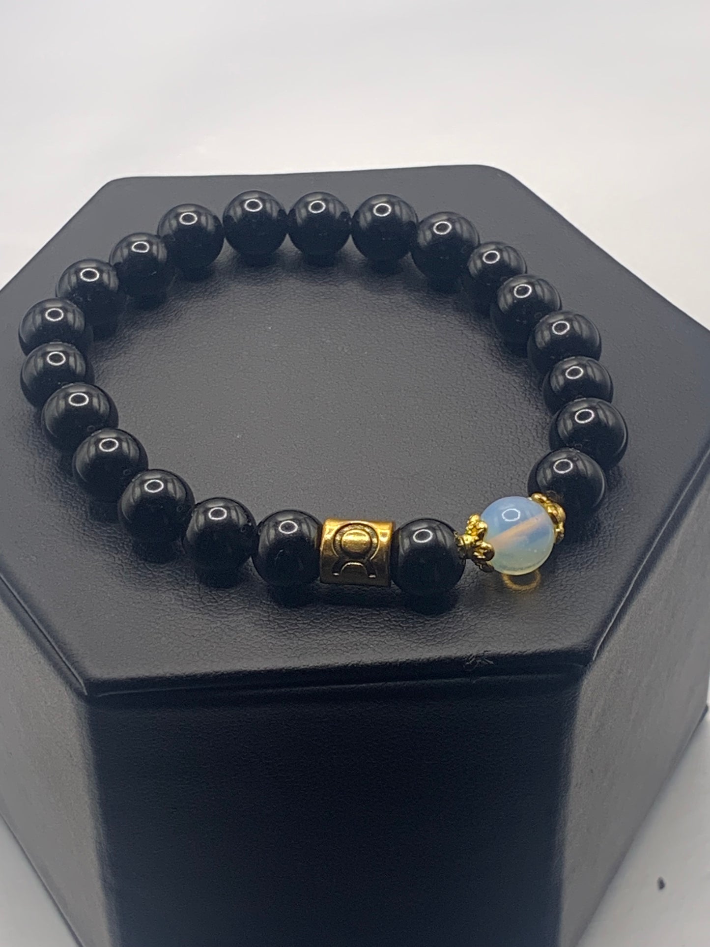 Taurus Zodiac black obsidian with opalite semi precious stone/crystal elastic beaded bracelet with gold accents