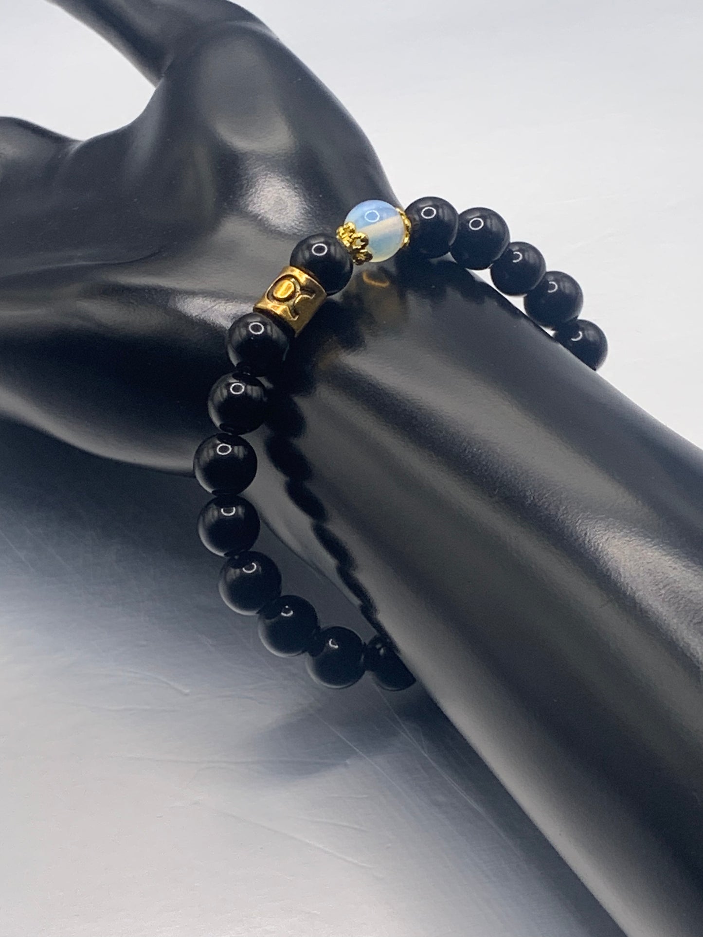 Taurus Zodiac black obsidian with opalite semi precious stone/crystal elastic beaded bracelet with gold accents