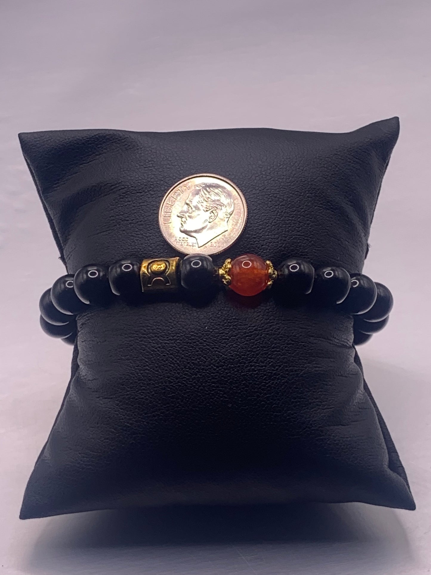 Taurus Zodiac black obsidian with phoenix agate semi precious stone/crystal elastic beaded bracelet with gold accents
