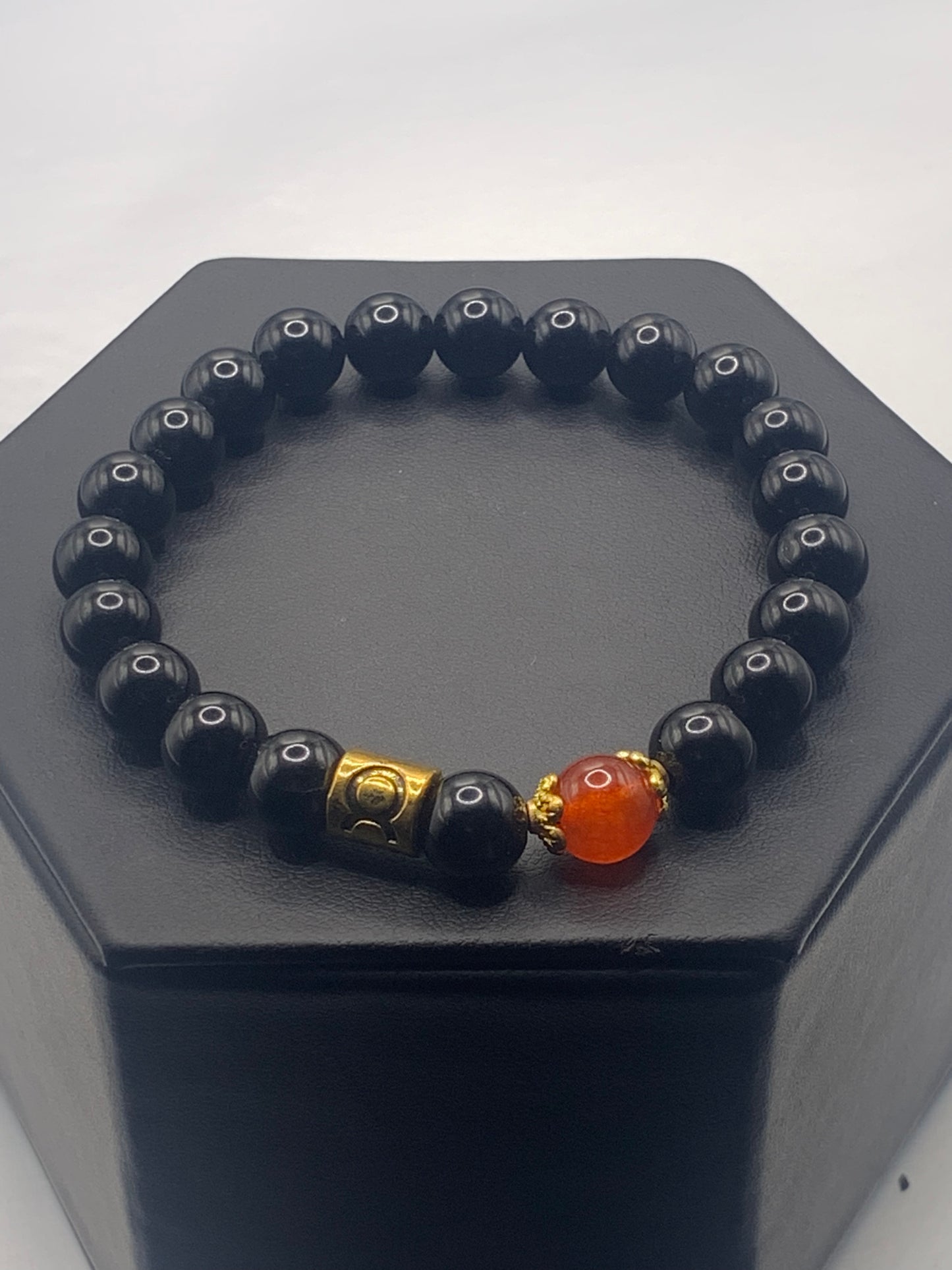 Taurus Zodiac black obsidian with phoenix agate semi precious stone/crystal elastic beaded bracelet with gold accents