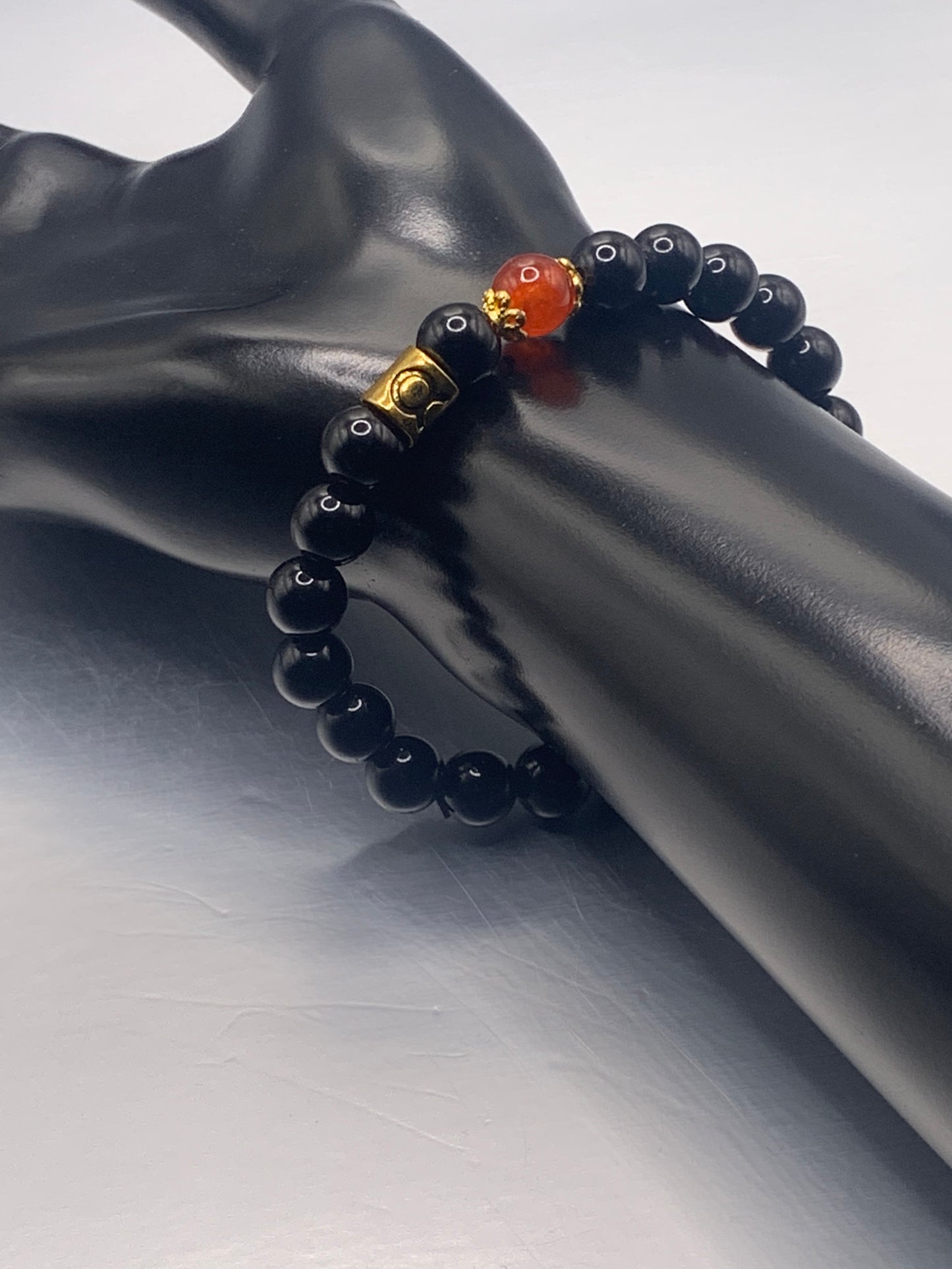Taurus Zodiac black obsidian with phoenix agate semi precious stone/crystal elastic beaded bracelet with gold accents