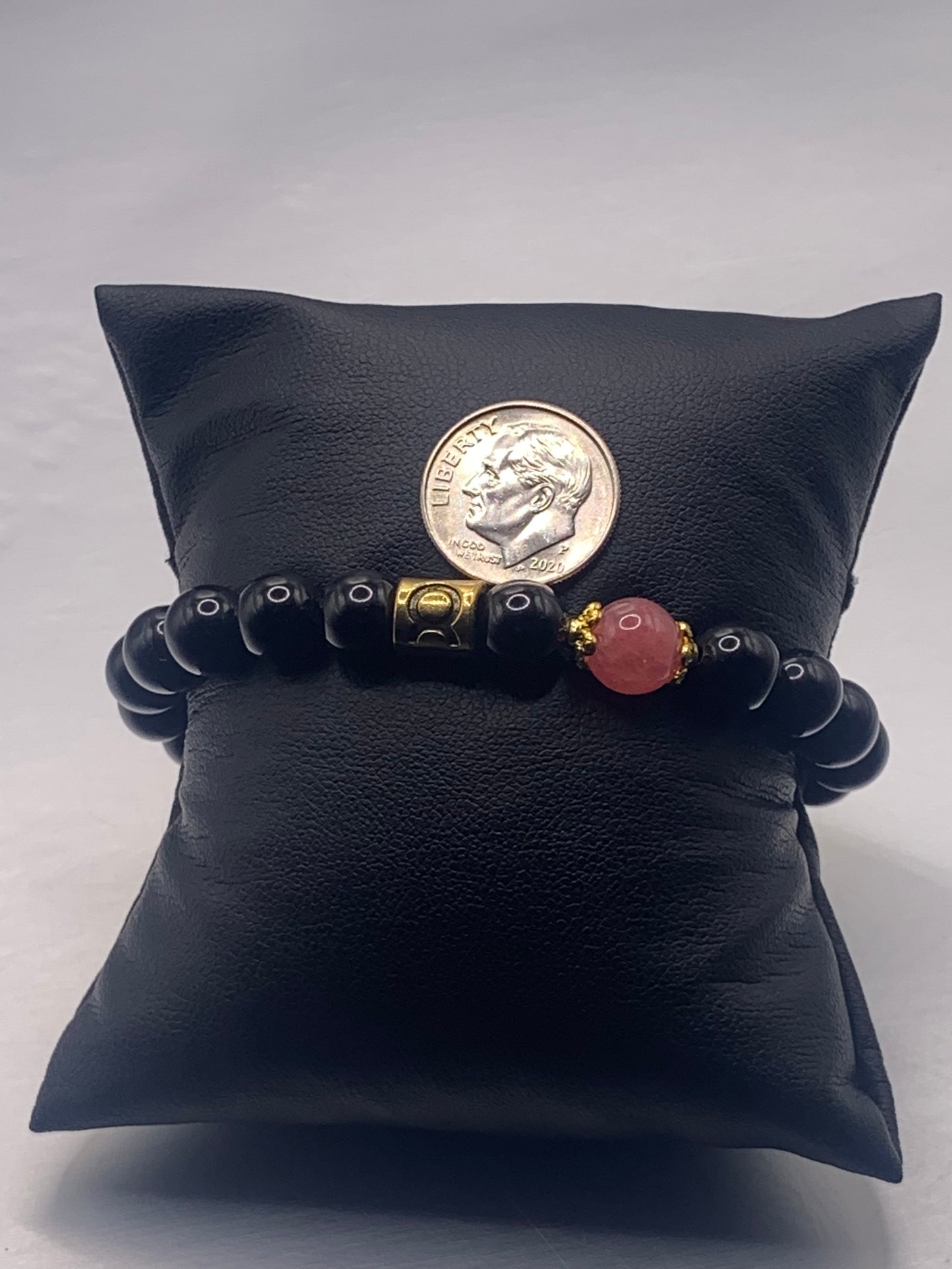 Taurus Zodiac black obsidian with pink chalcedony semi precious stone/crystal elastic beaded bracelet with gold accents