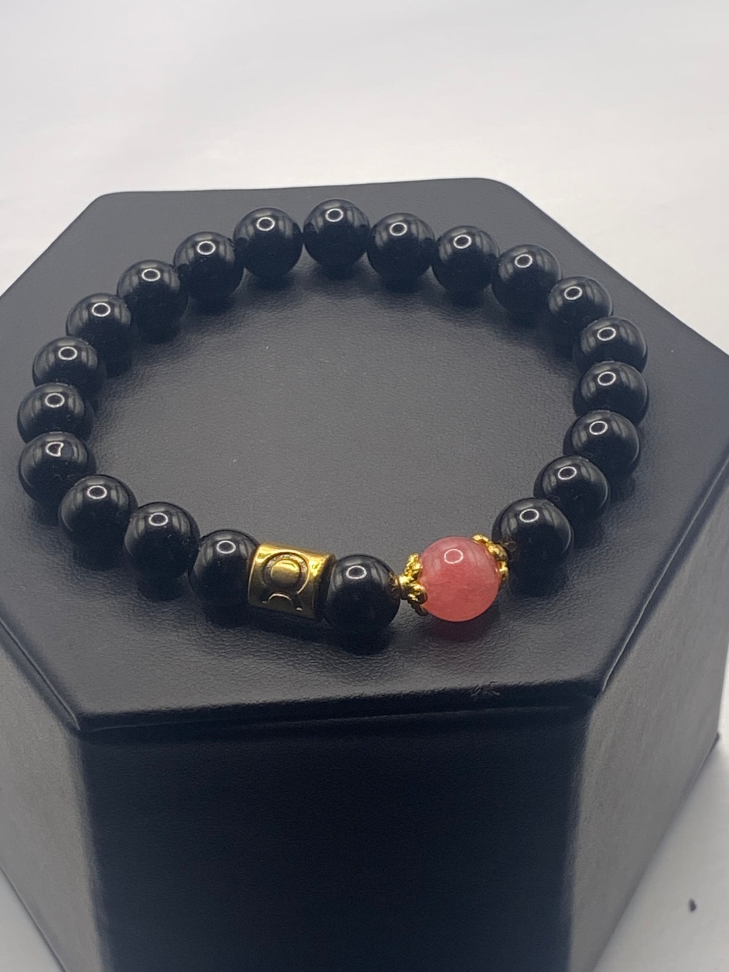 Taurus Zodiac black obsidian with pink chalcedony semi precious stone/crystal elastic beaded bracelet with gold accents