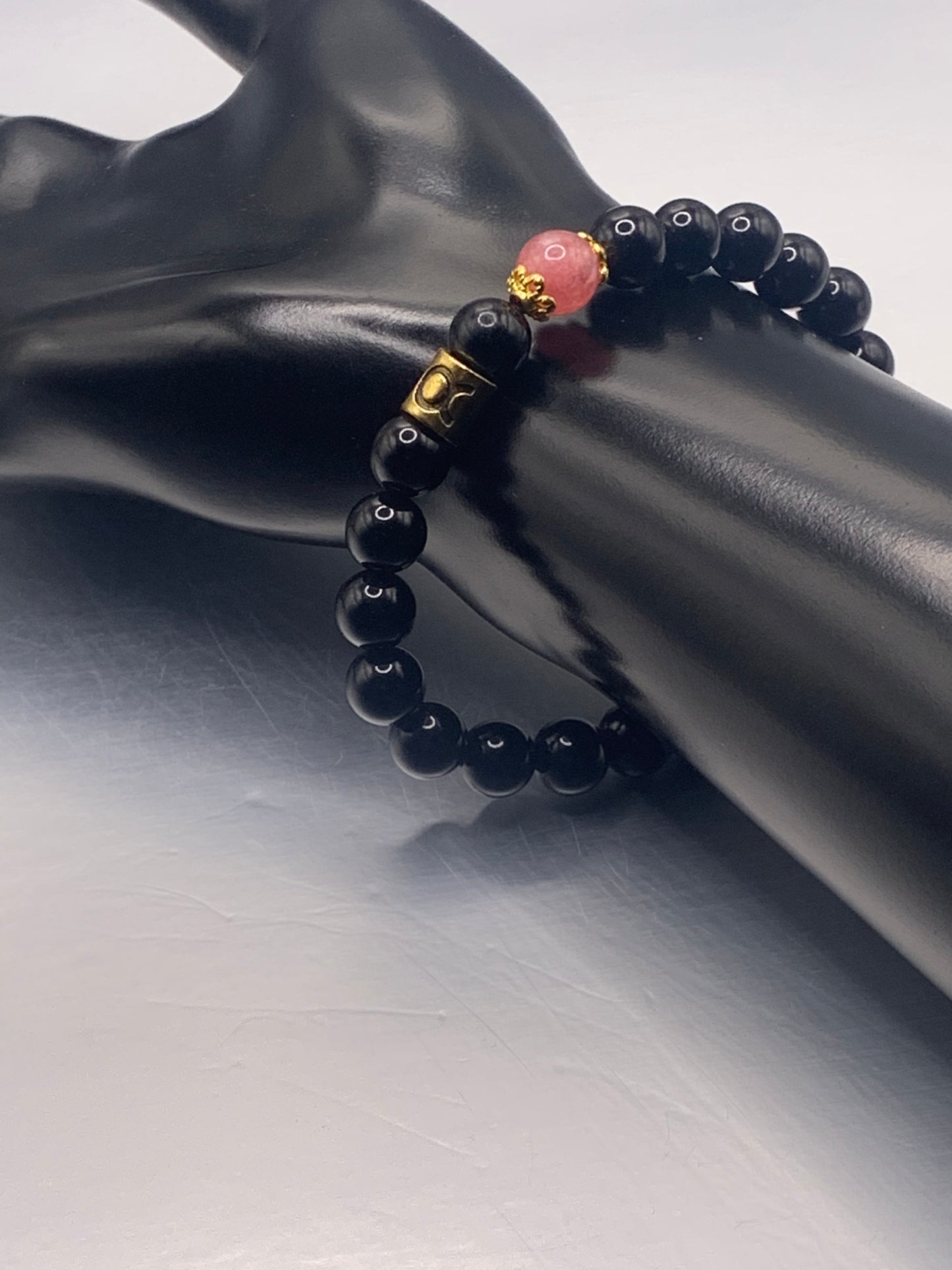 Taurus Zodiac black obsidian with pink chalcedony semi precious stone/crystal elastic beaded bracelet with gold accents