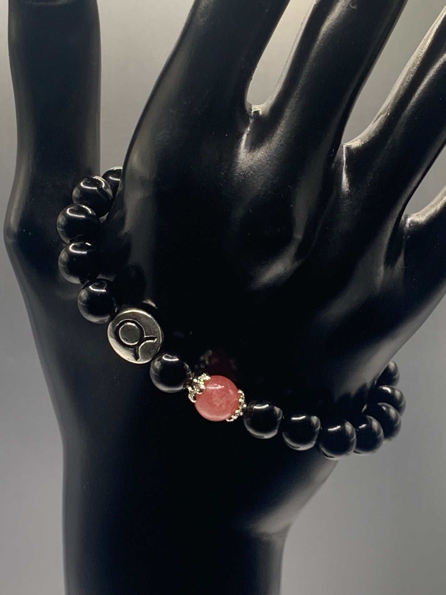 Taurus Zodiac black obsidian with pink chalcedony semi precious stone/crystal elastic beaded bracelet with silver accents