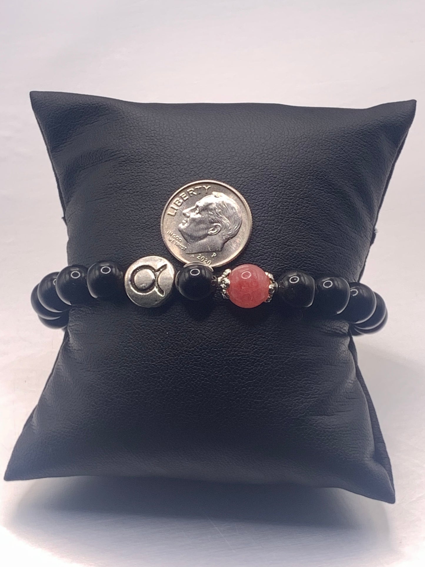 Taurus Zodiac black obsidian with pink chalcedony semi precious stone/crystal elastic beaded bracelet with silver accents