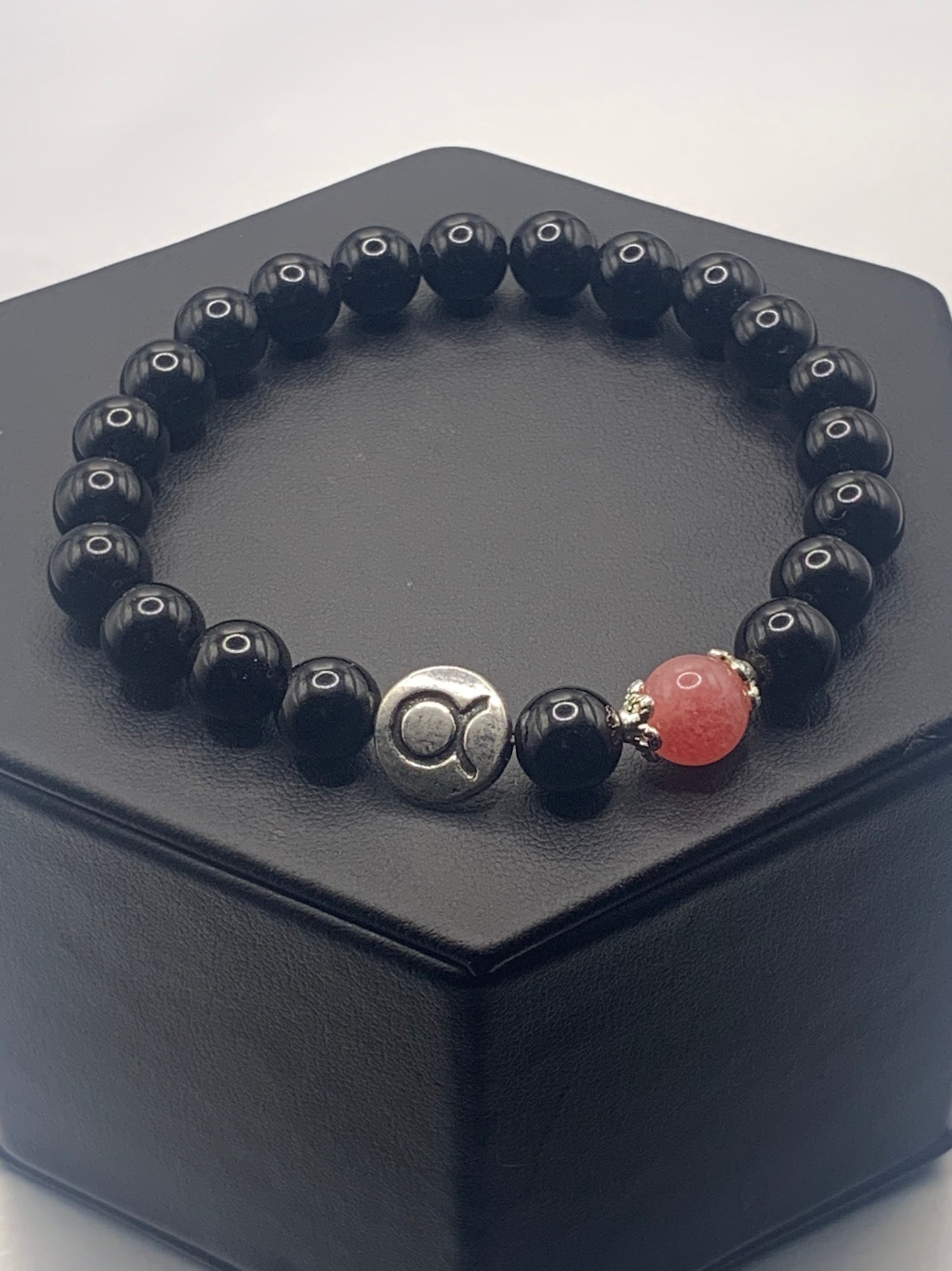 Taurus Zodiac black obsidian with pink chalcedony semi precious stone/crystal elastic beaded bracelet with silver accents