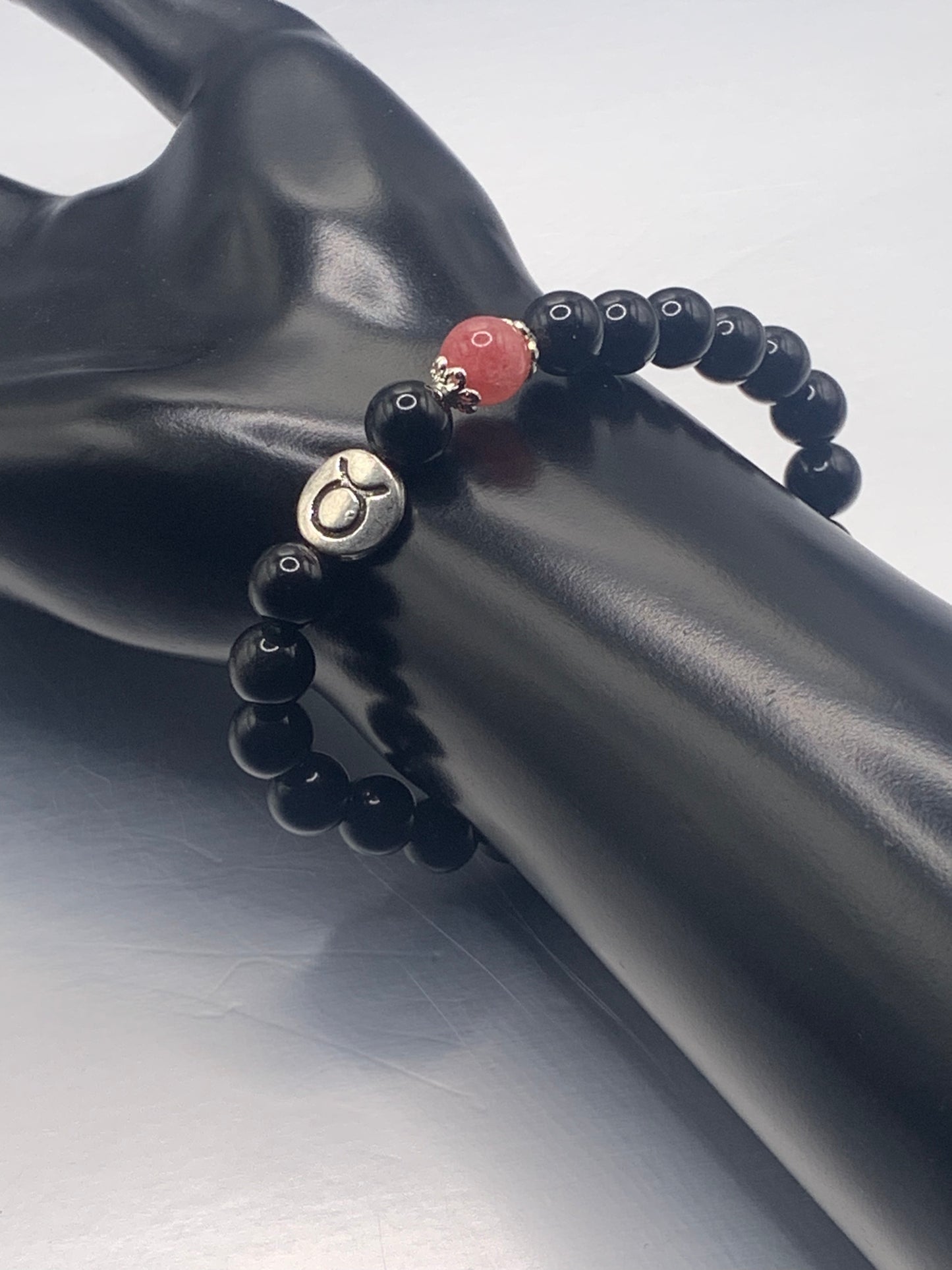 Taurus Zodiac black obsidian with pink chalcedony semi precious stone/crystal elastic beaded bracelet with silver accents