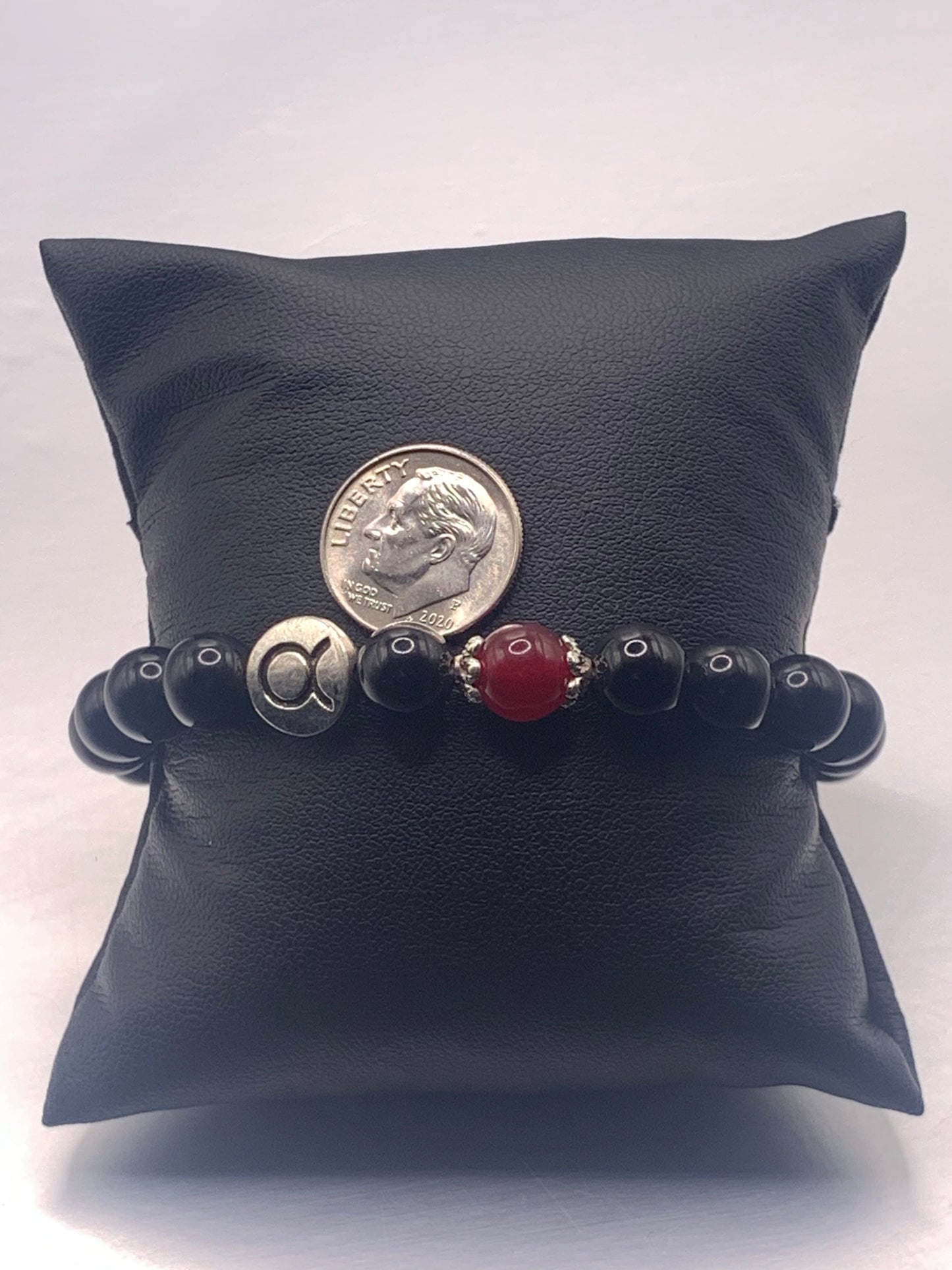 Taurus Zodiac black obsidian with red chalcedony semi precious stone/crystal elastic beaded bracelet with silver accents
