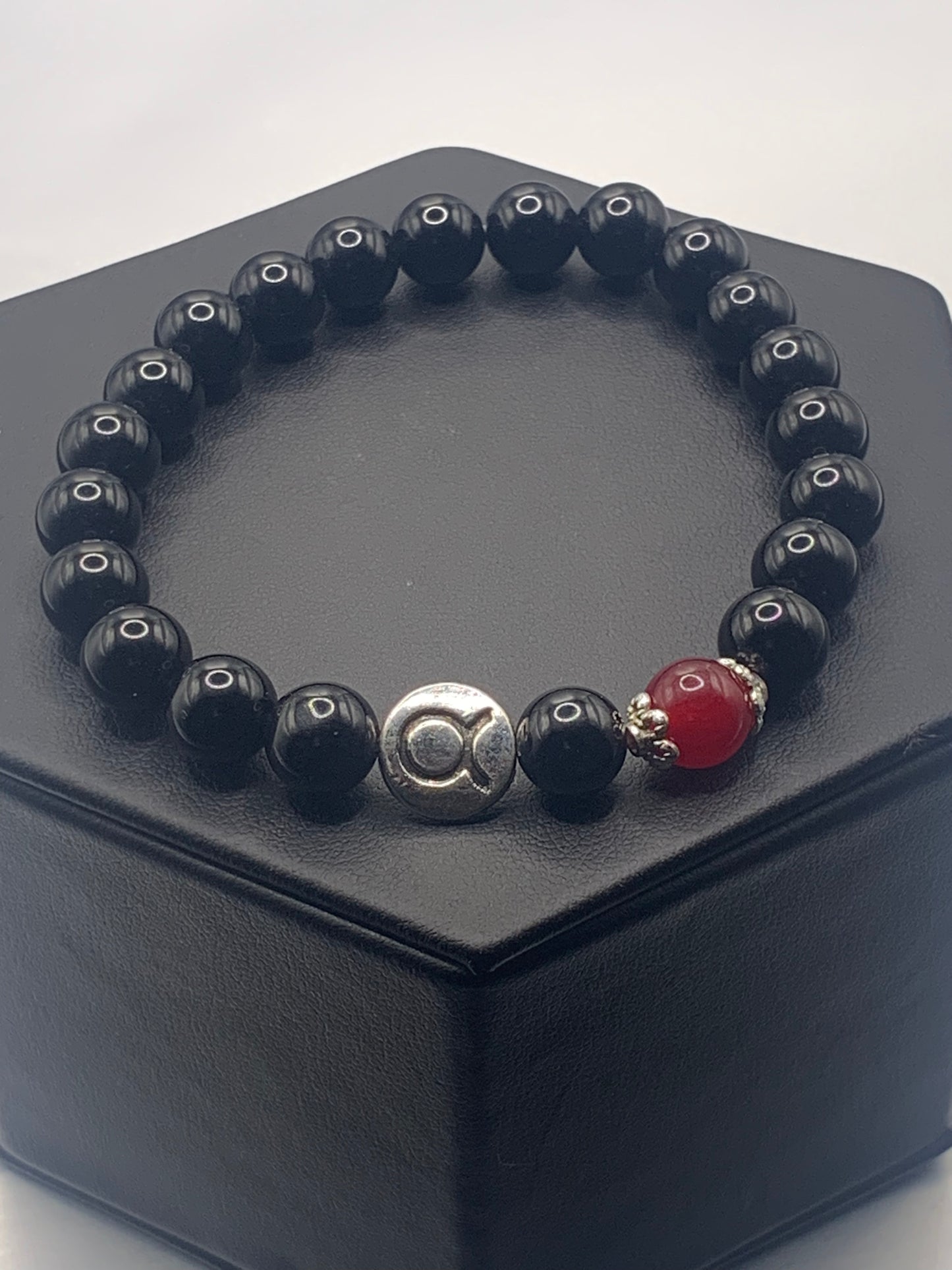 Taurus Zodiac black obsidian with red chalcedony semi precious stone/crystal elastic beaded bracelet with silver accents
