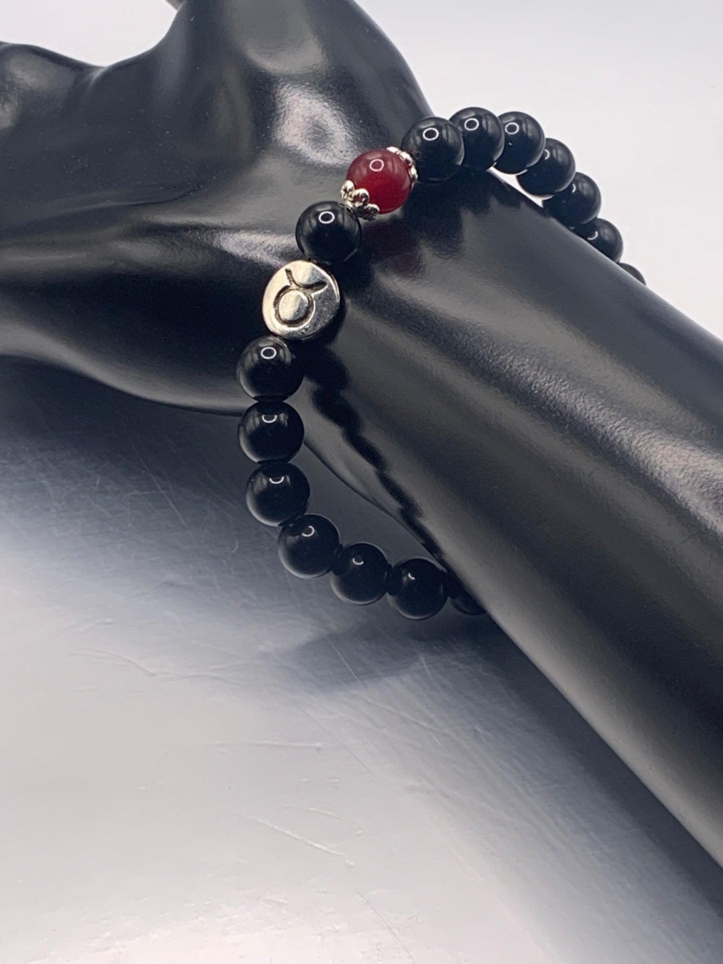 Taurus Zodiac black obsidian with red chalcedony semi precious stone/crystal elastic beaded bracelet with silver accents
