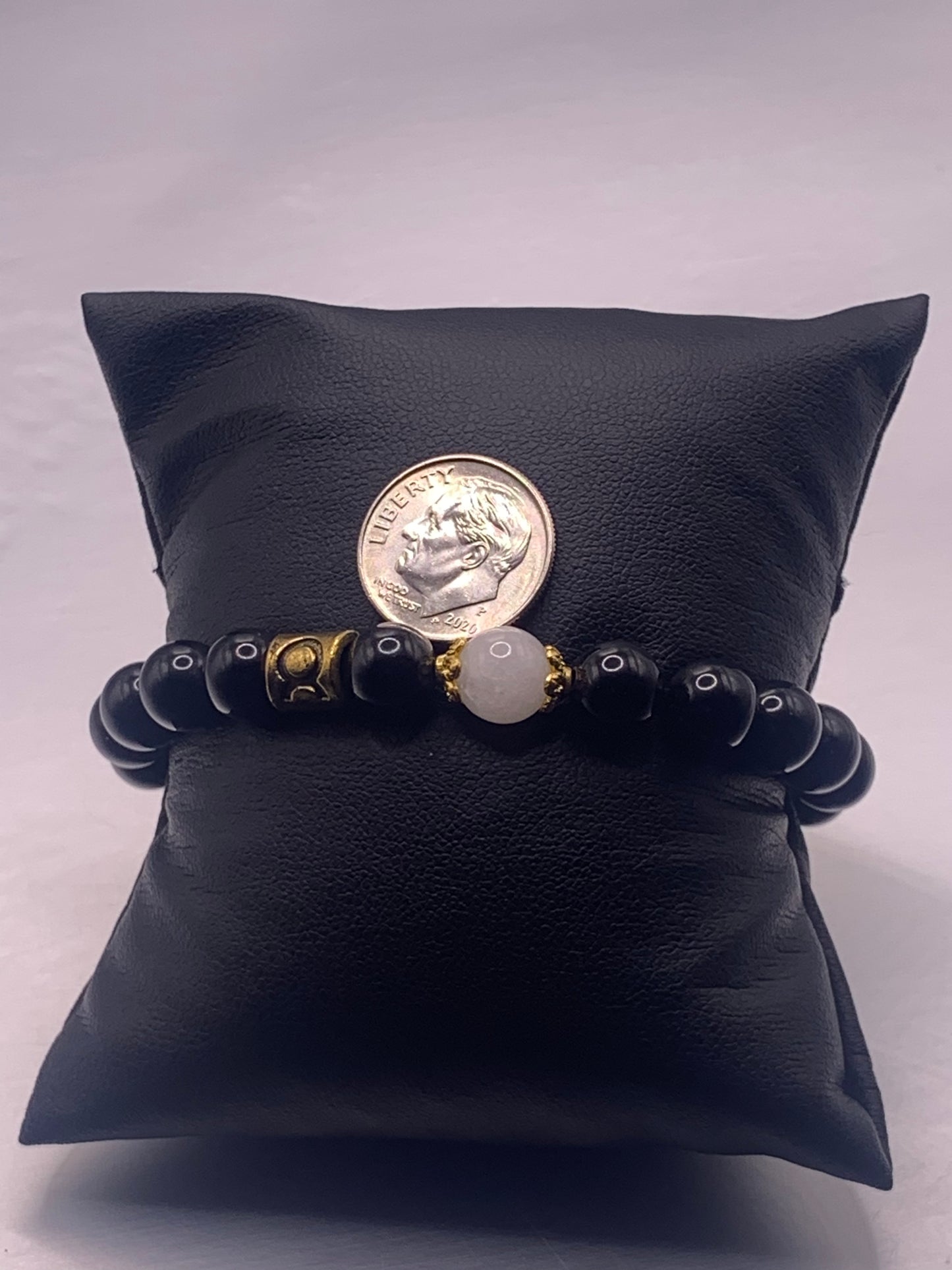 Taurus Zodiac black obsidian with white chalcedony semi precious stone/crystal elastic beaded bracelet with gold accents
