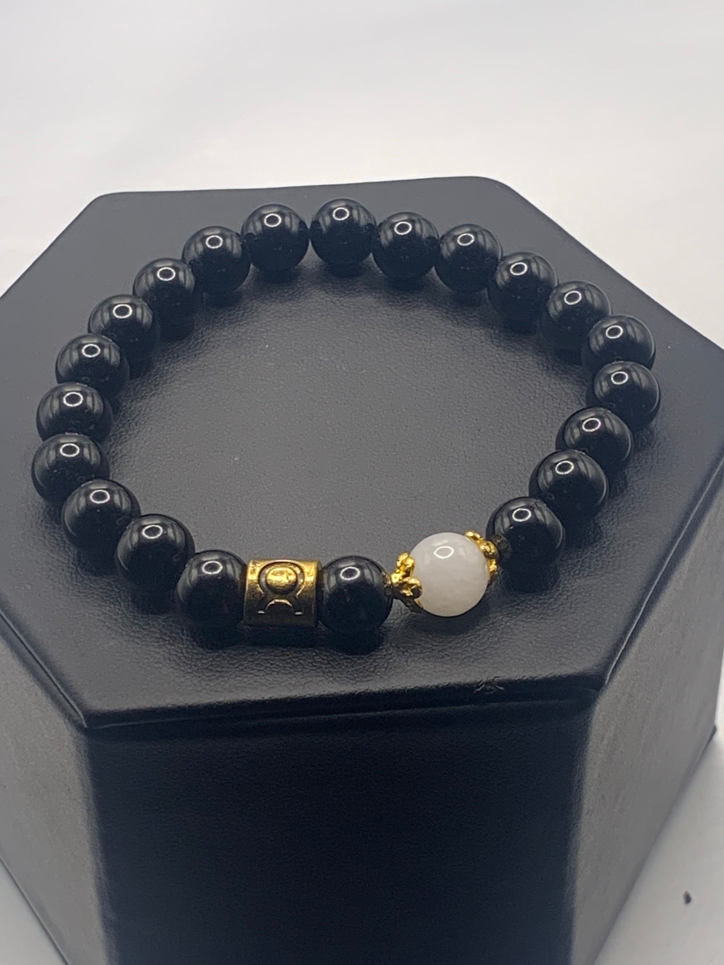 Taurus Zodiac black obsidian with white chalcedony semi precious stone/crystal elastic beaded bracelet with gold accents
