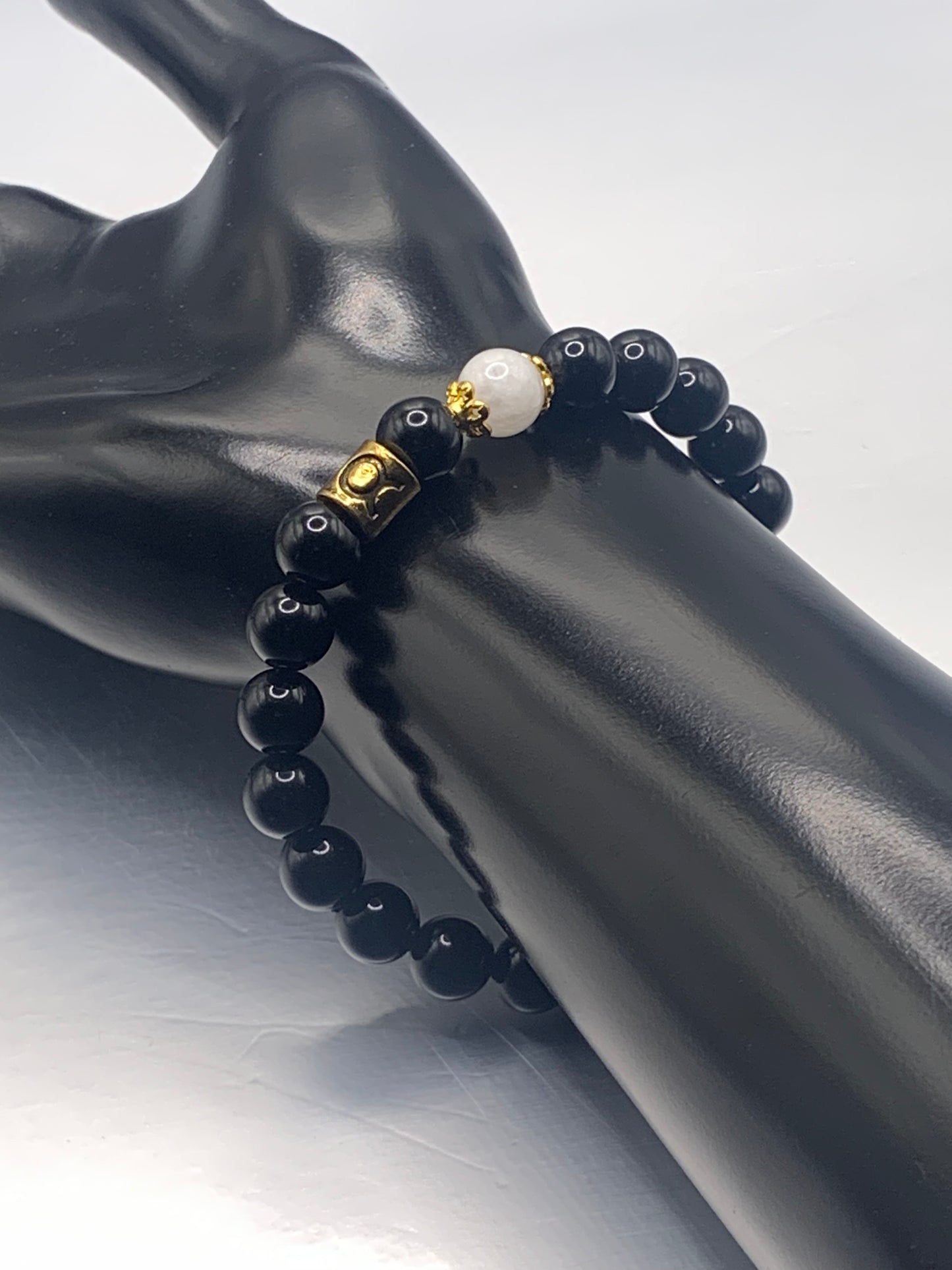 Taurus Zodiac black obsidian with white chalcedony semi precious stone/crystal elastic beaded bracelet with gold accents