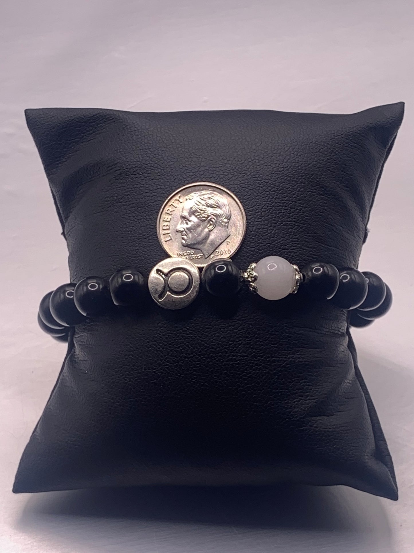Taurus Zodiac black obsidian with white chalcedony semi precious stone/crystal elastic beaded bracelet with silver accents