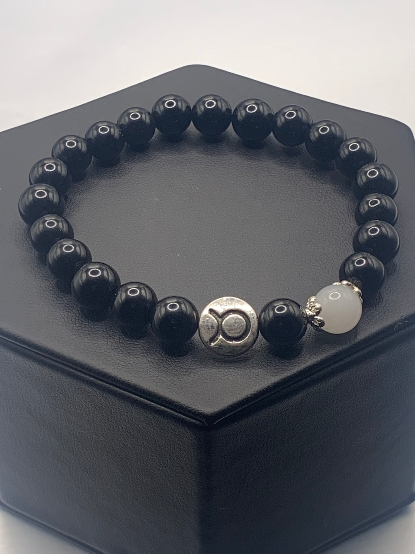 Taurus Zodiac black obsidian with white chalcedony semi precious stone/crystal elastic beaded bracelet with silver accents