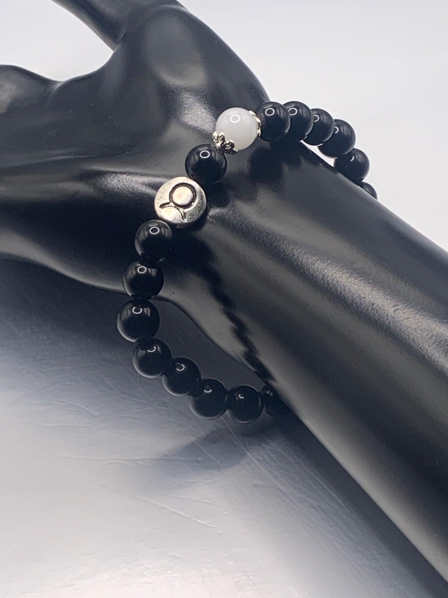 Taurus Zodiac black obsidian with white chalcedony semi precious stone/crystal elastic beaded bracelet with silver accents
