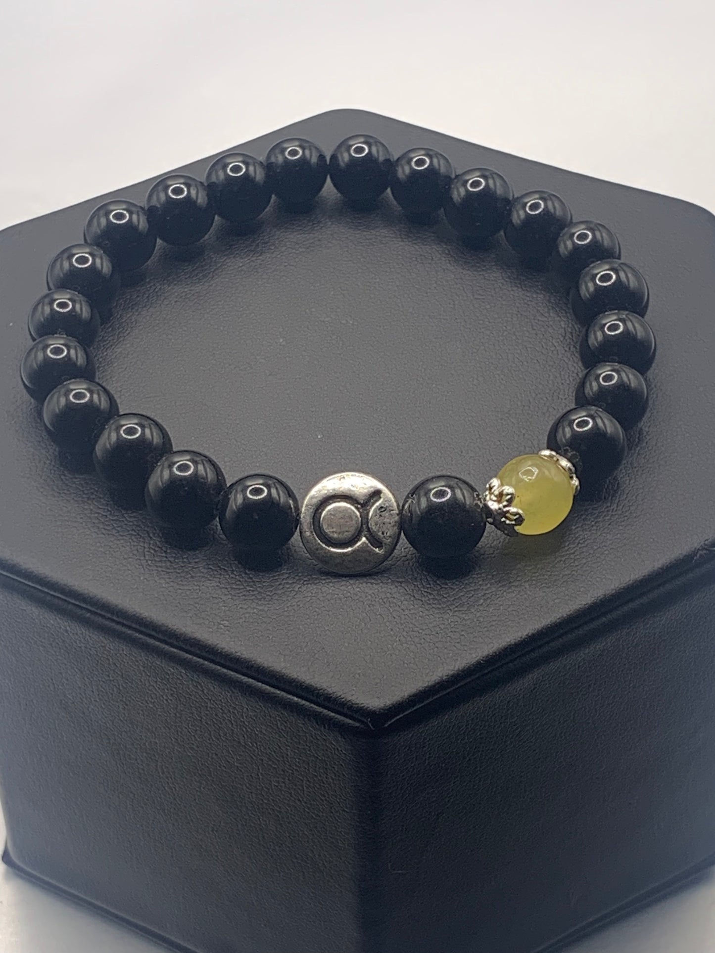 Taurus Zodiac black obsidian with yellow agate semi precious stone/crystal elastic beaded bracelet with silver accents